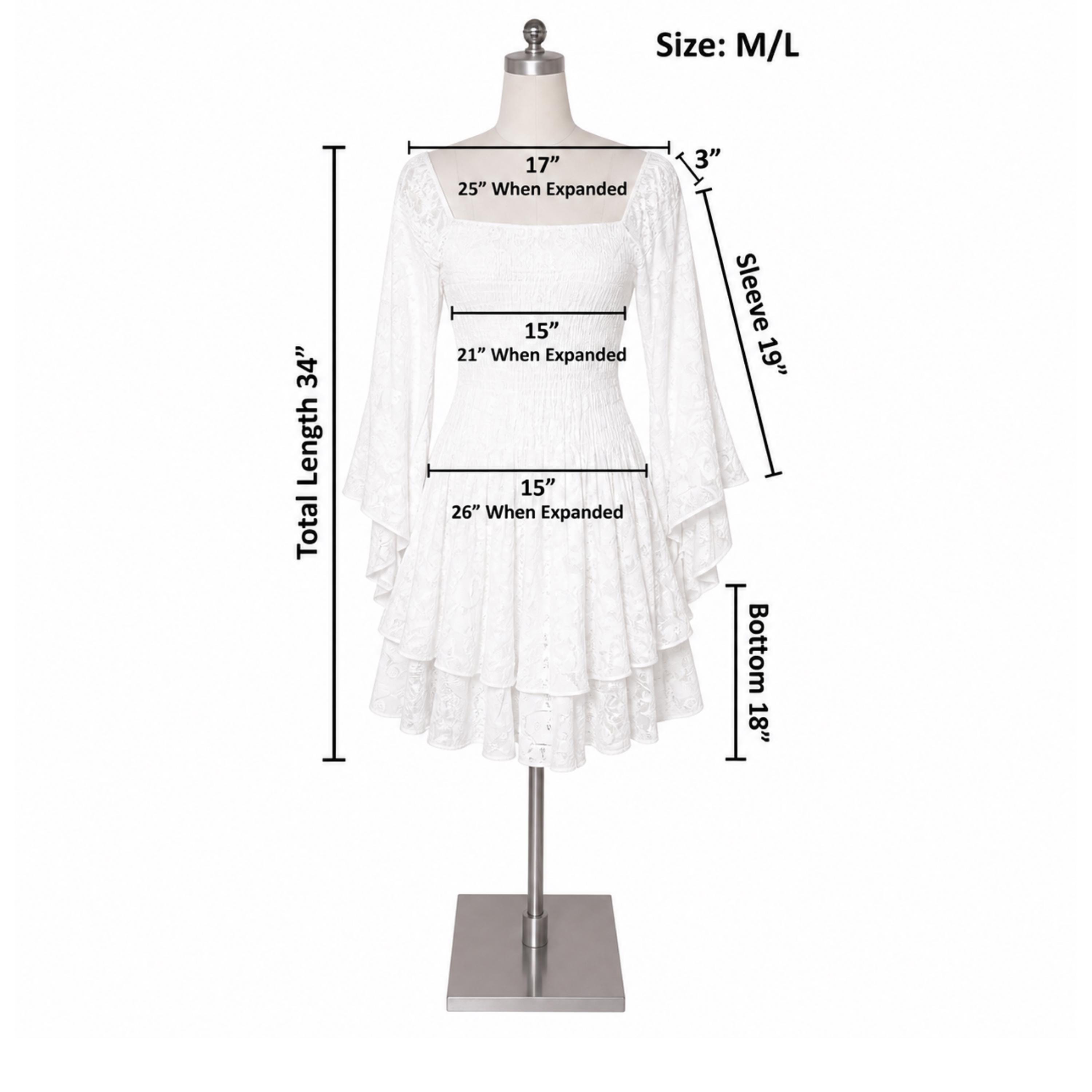 a white lace dress displayed on a mannequin. The dress has a total length of 34 inches, a skirt length of 34 inches, and a total length of 34 inches. The dress is shown in various sizes, including a size M/L, with measurements provided for each size.