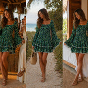 A collage of three photos featuring a woman in a green floral dress, walking on a path with a straw bag.