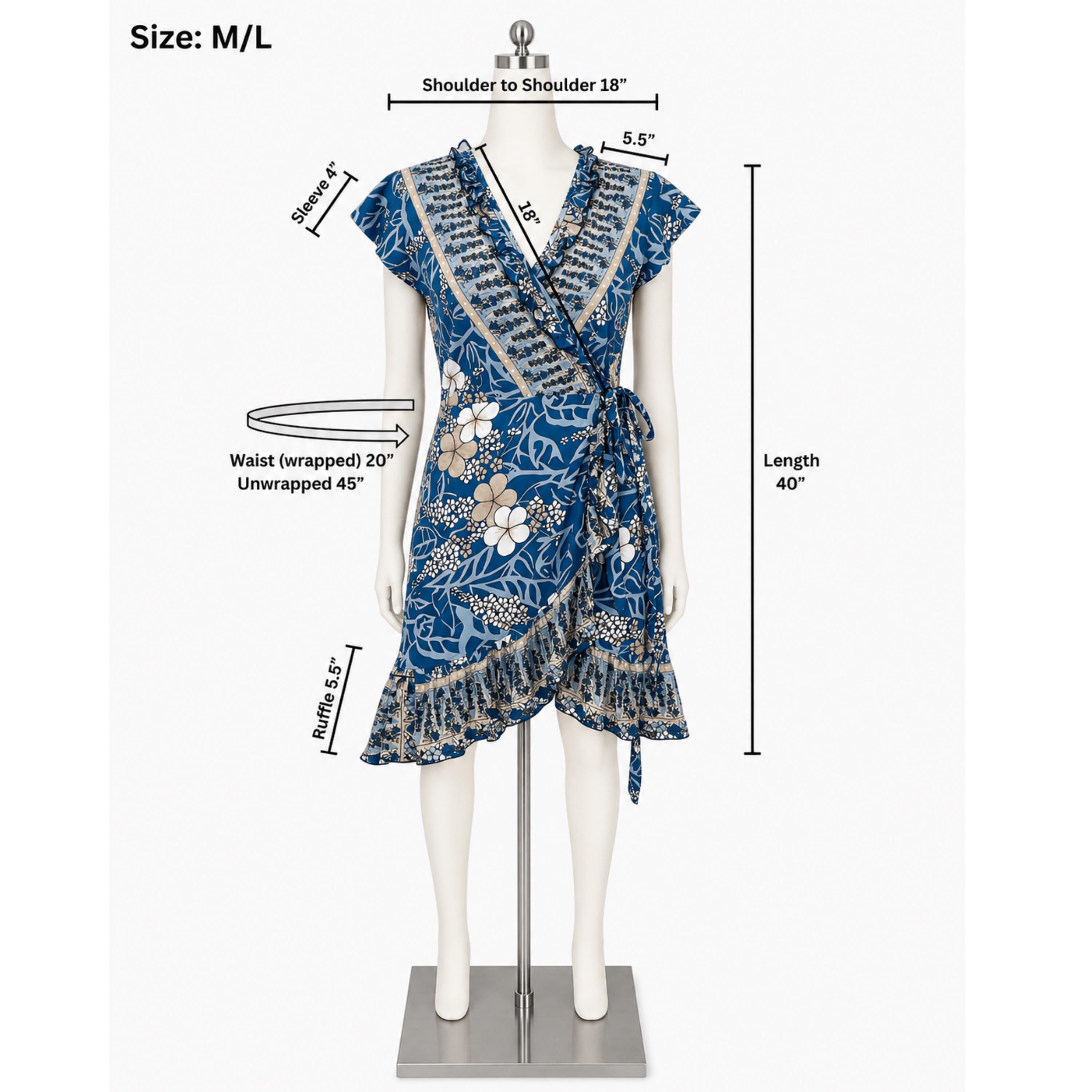 a mannequin wearing a blue and white floral wrap dress. The dress has a wrap-style neckline and a wrap-wrapped waist, with a ruffled skirt. The dress is shown in various sizes, including M/L, shoulder to shoulder 18", and length 40", as indicated by the measurements provided.