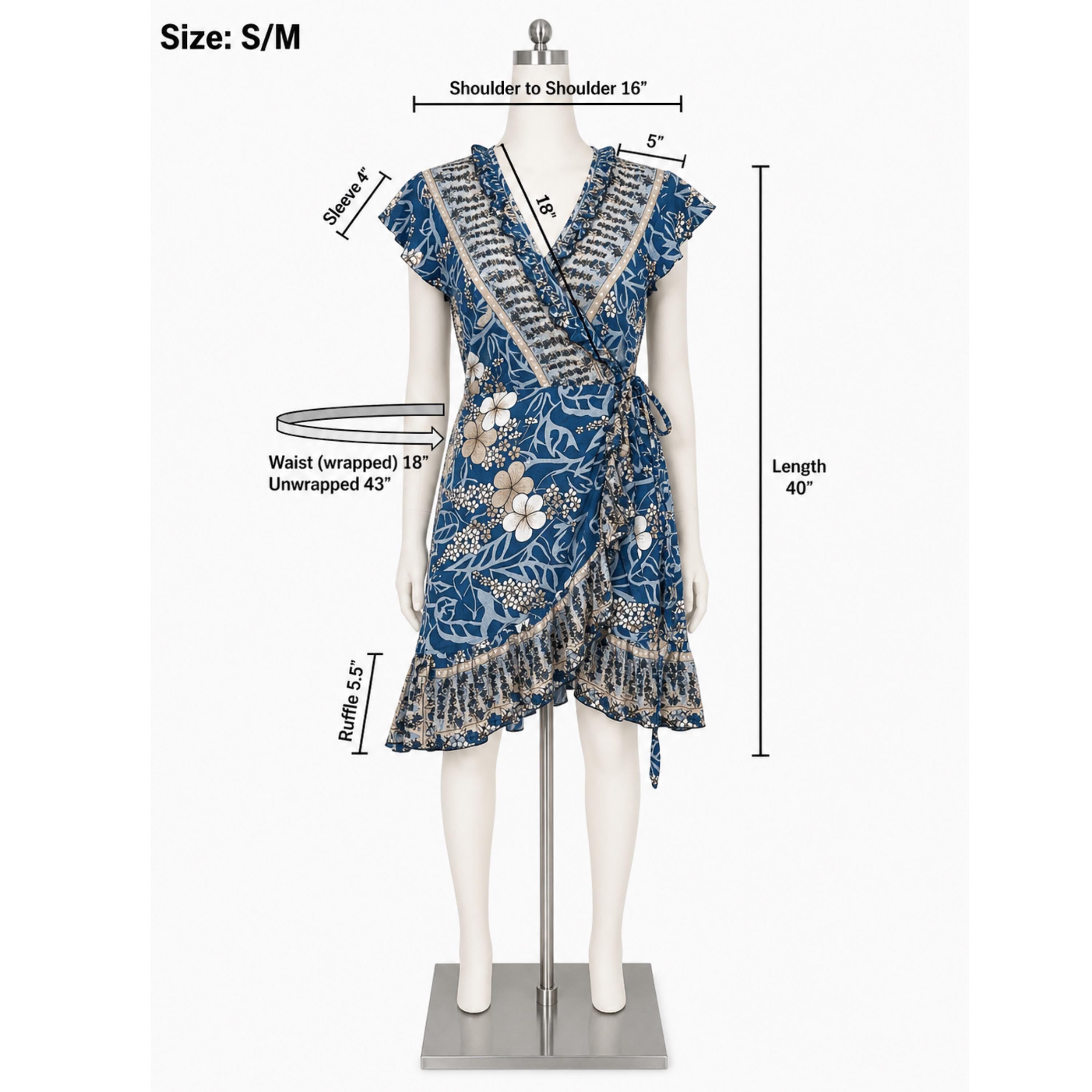 A mannequin wearing a blue and white floral wrap dress, with measurements and a waist wrap size provided.
