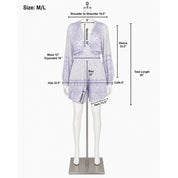 a mannequin wearing a purple and white patterned outfit, including a skirt and a top. The mannequin is standing on a mannequin stand, and there are measurements provided for the different parts of the outfit.