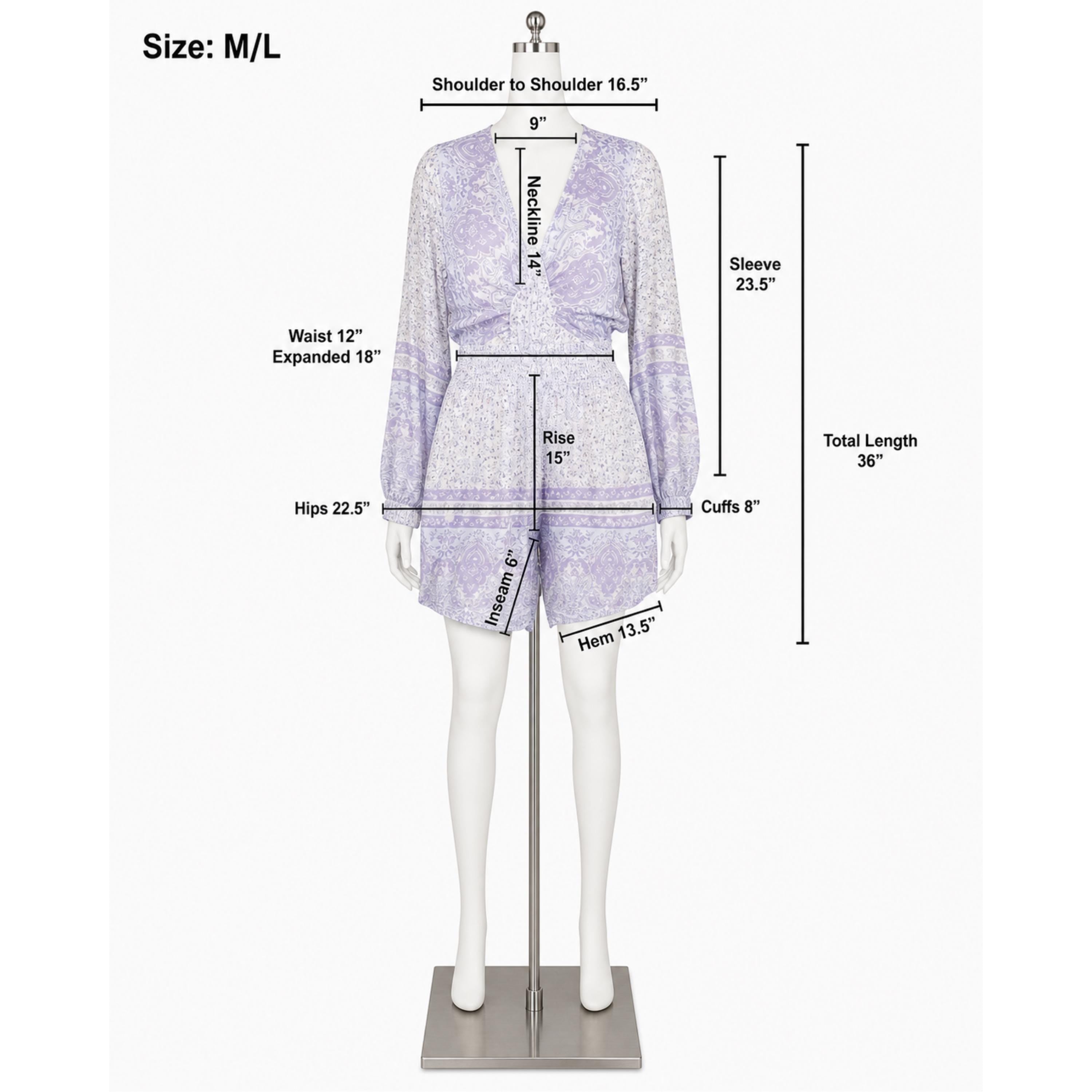 a mannequin wearing a purple and white patterned outfit, including a skirt and a top. The mannequin is standing on a mannequin stand, and there are measurements provided for the different parts of the outfit.
