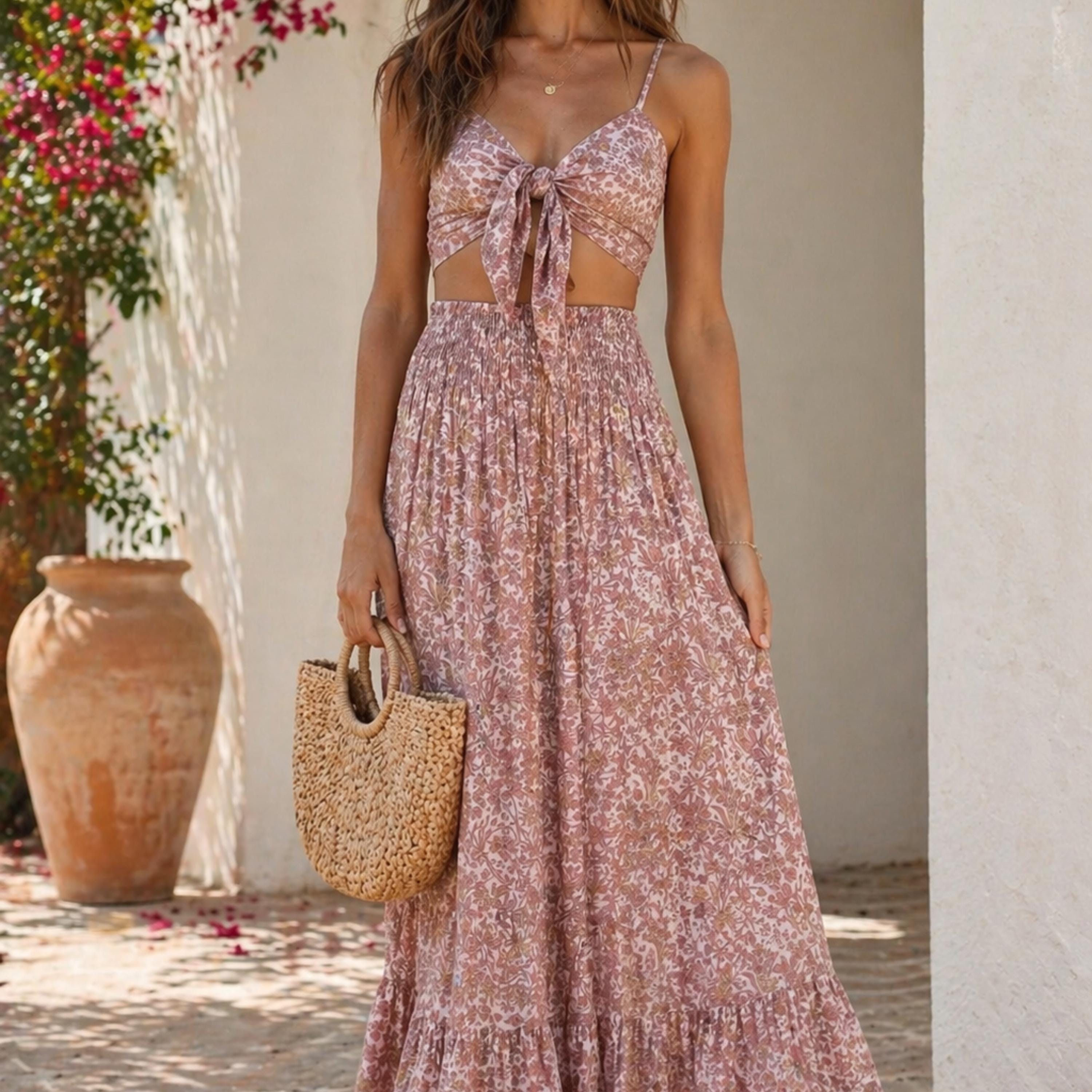 A woman wearing a pink floral print dress with a tie waist and a straw handbag is standing in front of a white wall with a vase of flowers.