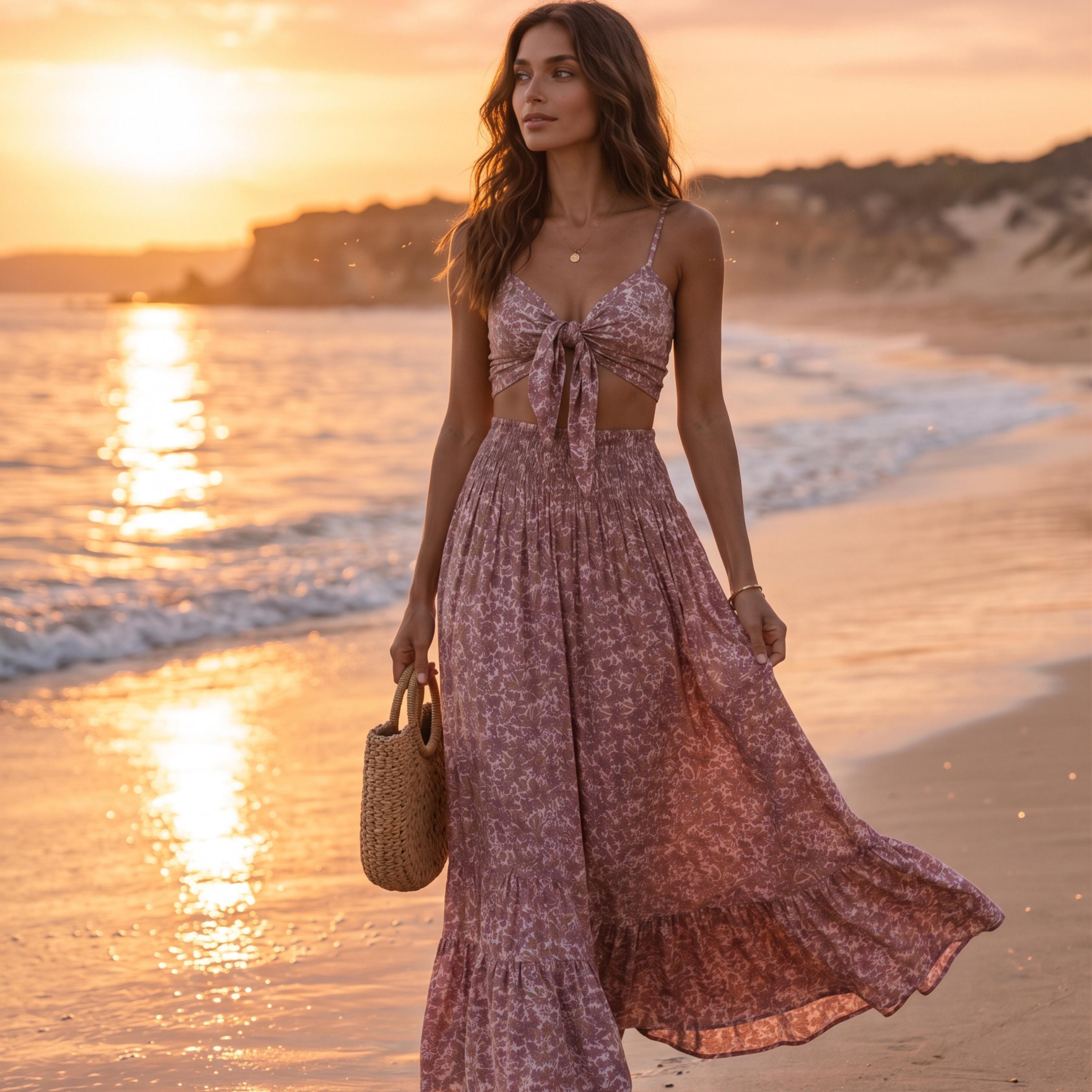 A woman in a pink floral dress stands on a beach, holding a woven bag and gazing out at the sunset.