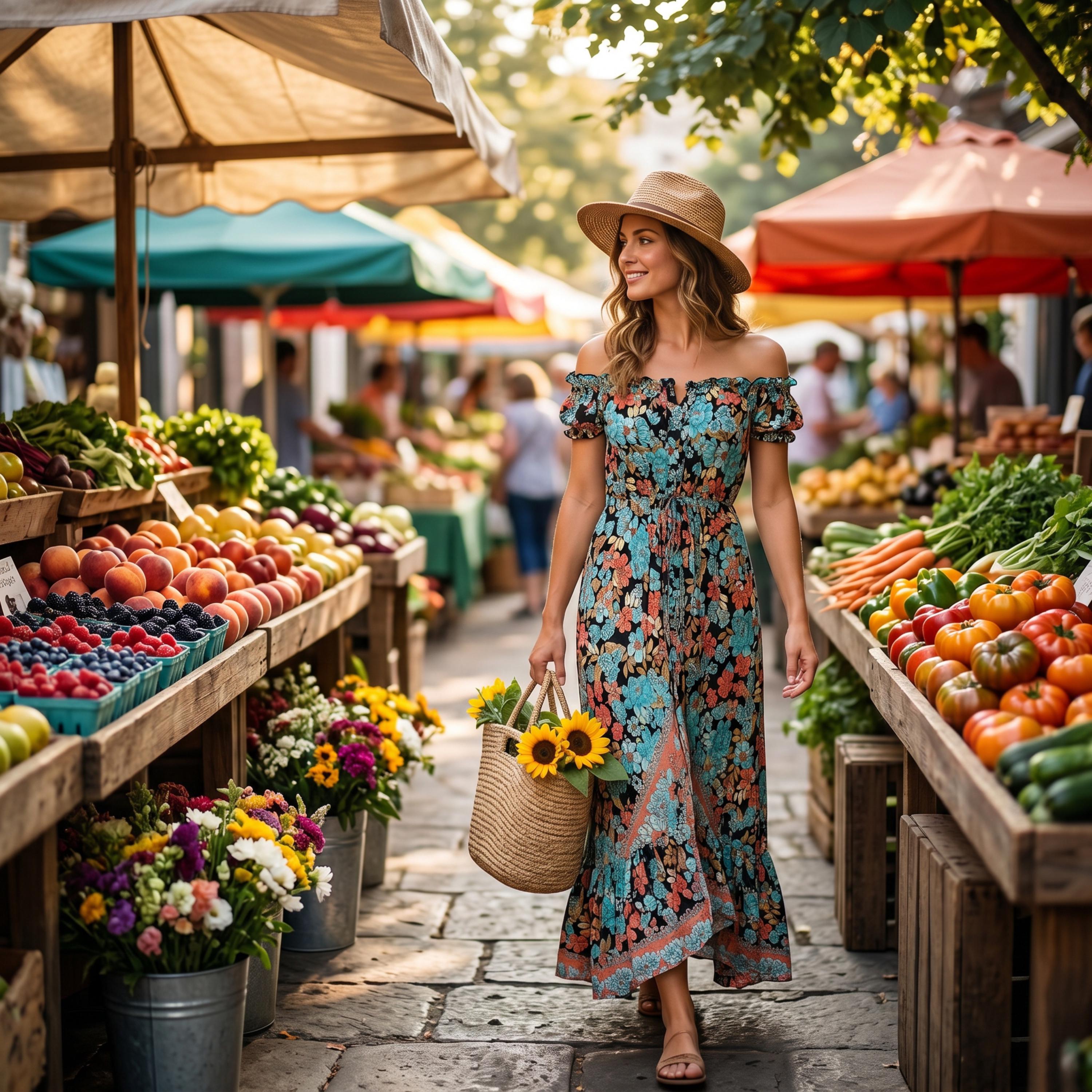 A woman in a floral dress and hat walks through a bustling farmer's market, carrying a basket of flowers.
