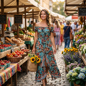 A woman in a colorful floral dress stands in a bustling farmer's market, holding a basket of sunflowers and surrounded by various fruits and vegetables.