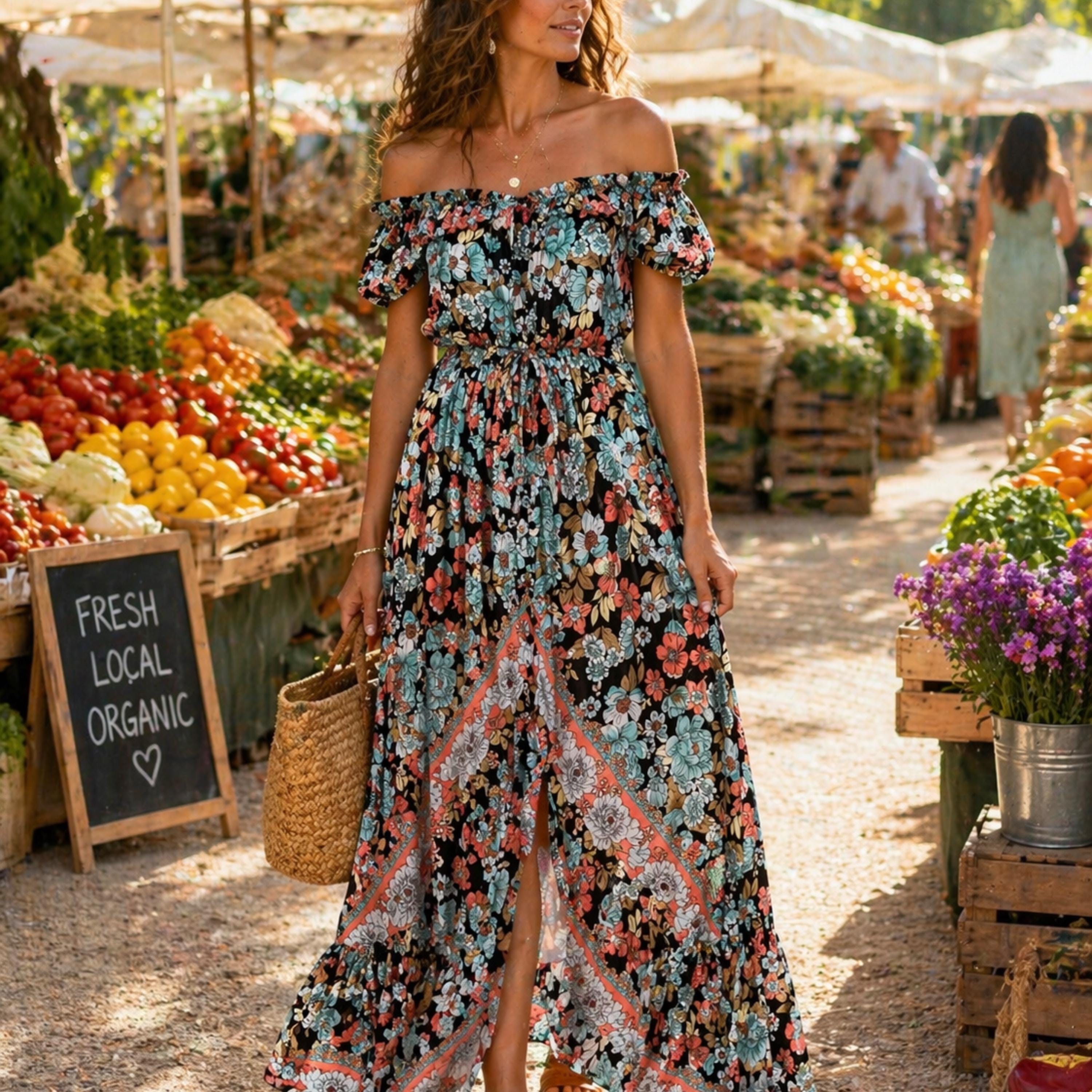 A woman in a colorful floral dress stands in front of a fruit and vegetable stand at an outdoor market.