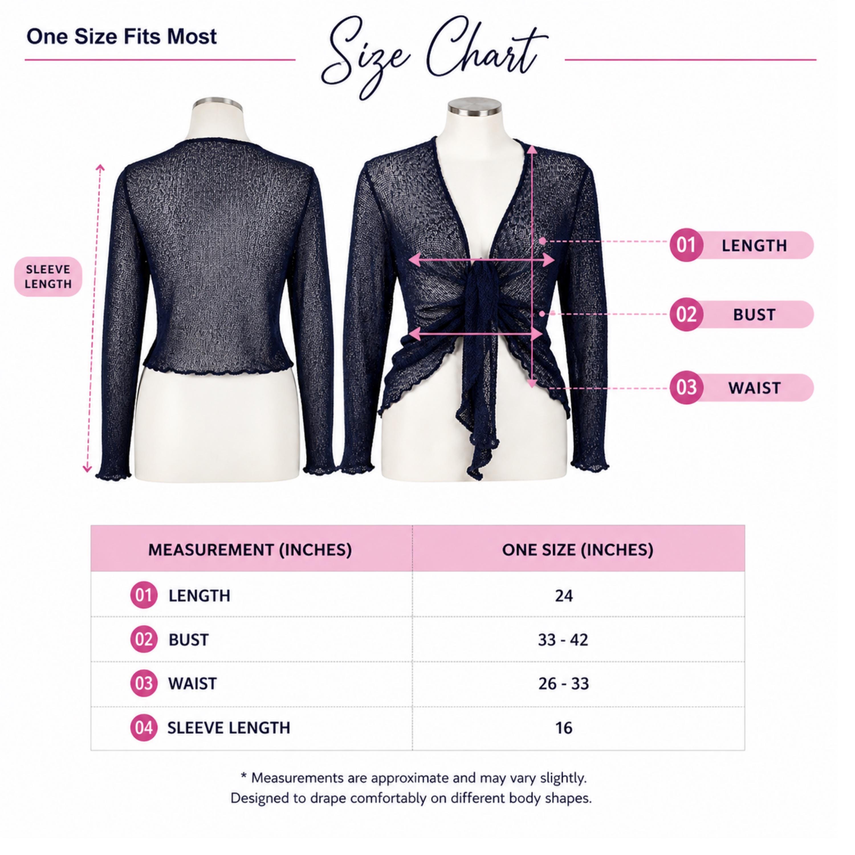 The image is a size chart for a black lace top, providing measurements and corresponding one-size fits for different body shapes.
