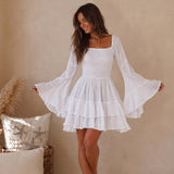 White Boho Mini Dress: Off-Shoulder, Flowing Bell Sleeves (Lightweight Rayon)