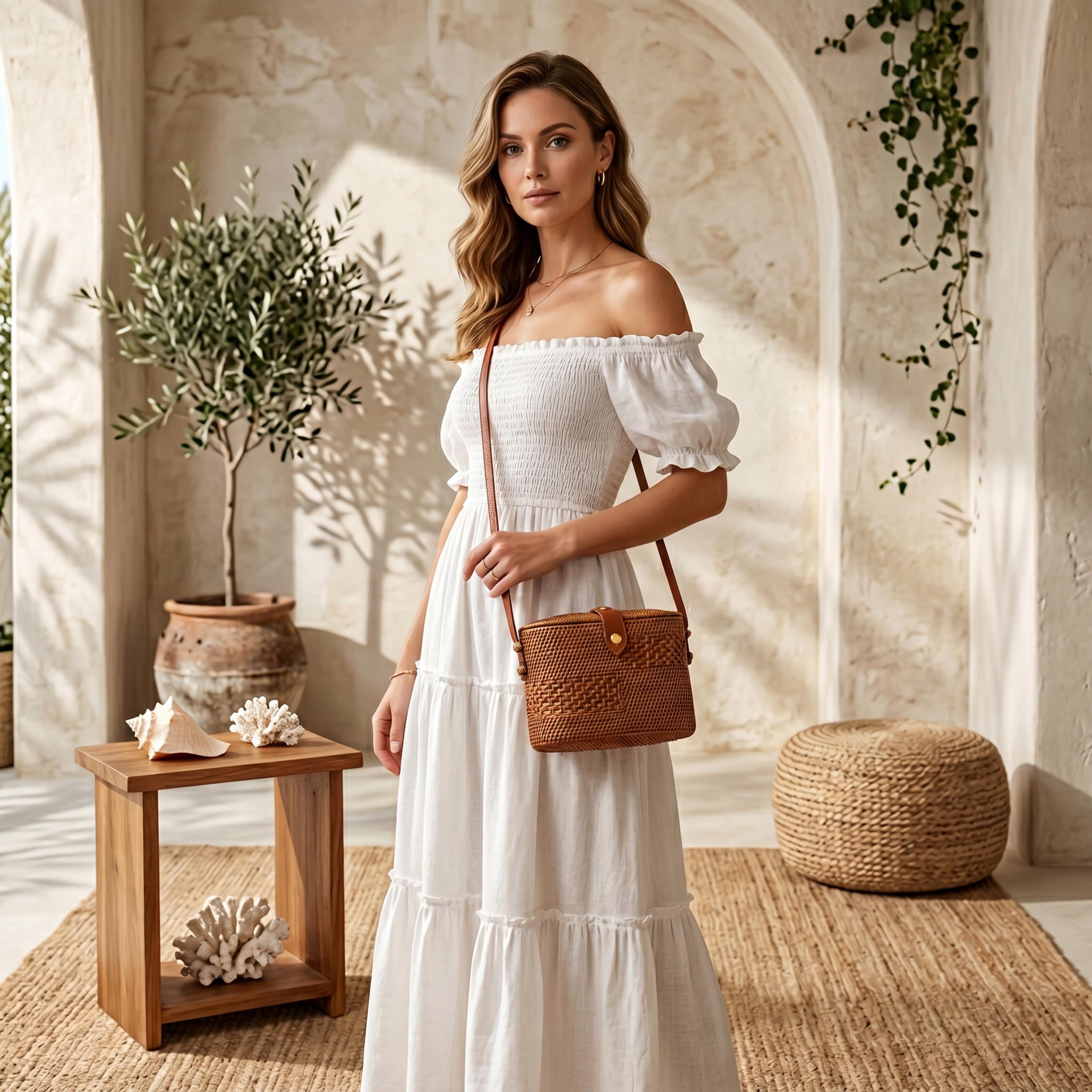 A woman in a white off-the-shoulder dress stands in a room with a wooden table, a woven basket, and a potted plant. She is holding a brown purse.