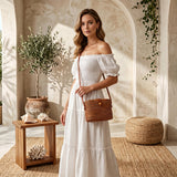 Round Rattan Crossbody Bag - Handwoven Picnic Top with Leather Strap