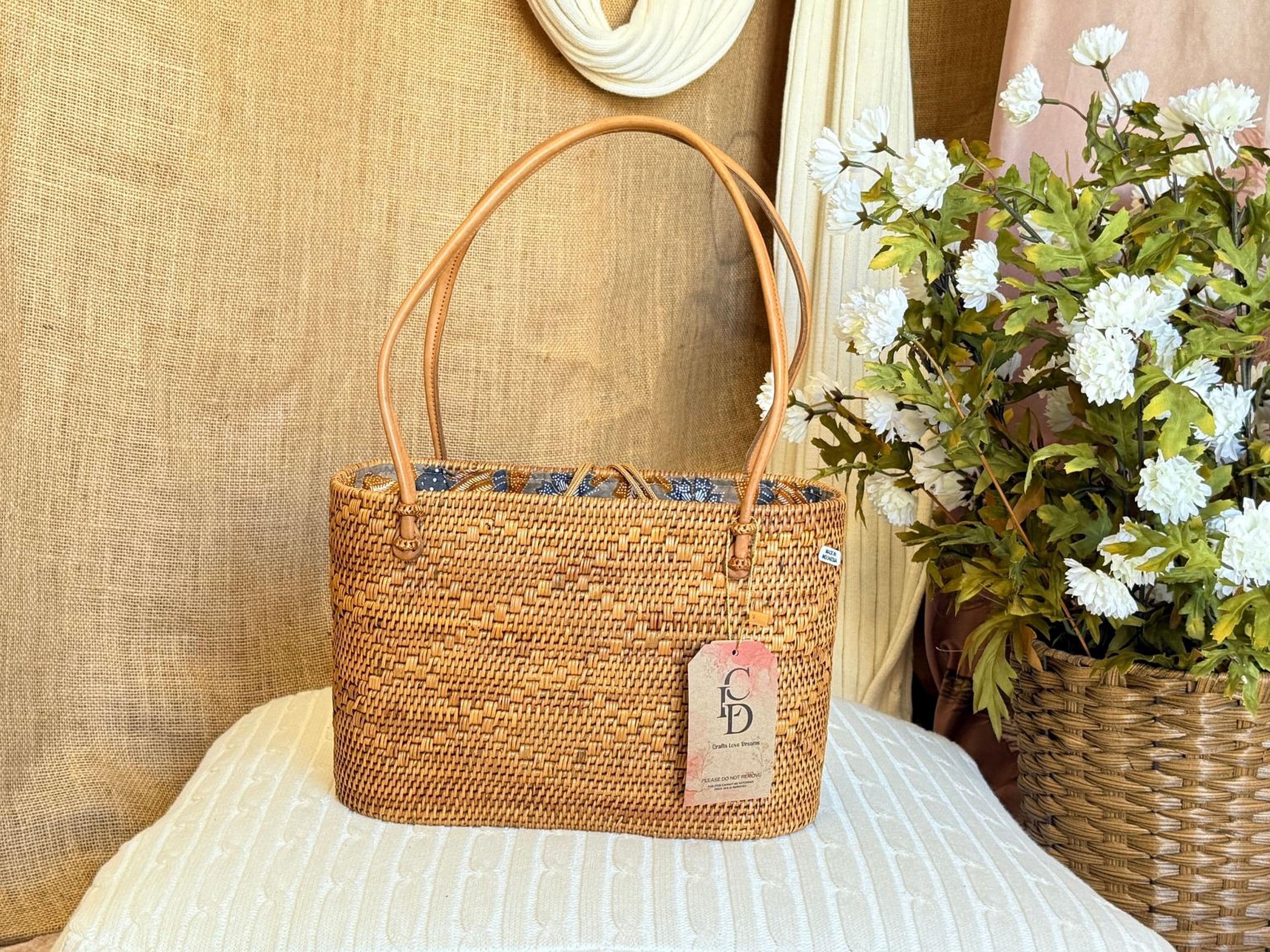Bohemian Rattan Tote Bag, Handwoven Natural Bali Style (Leather Strap)