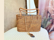 Bohemian Rattan Tote Bag, Handwoven Natural Bali Style (Leather Strap)