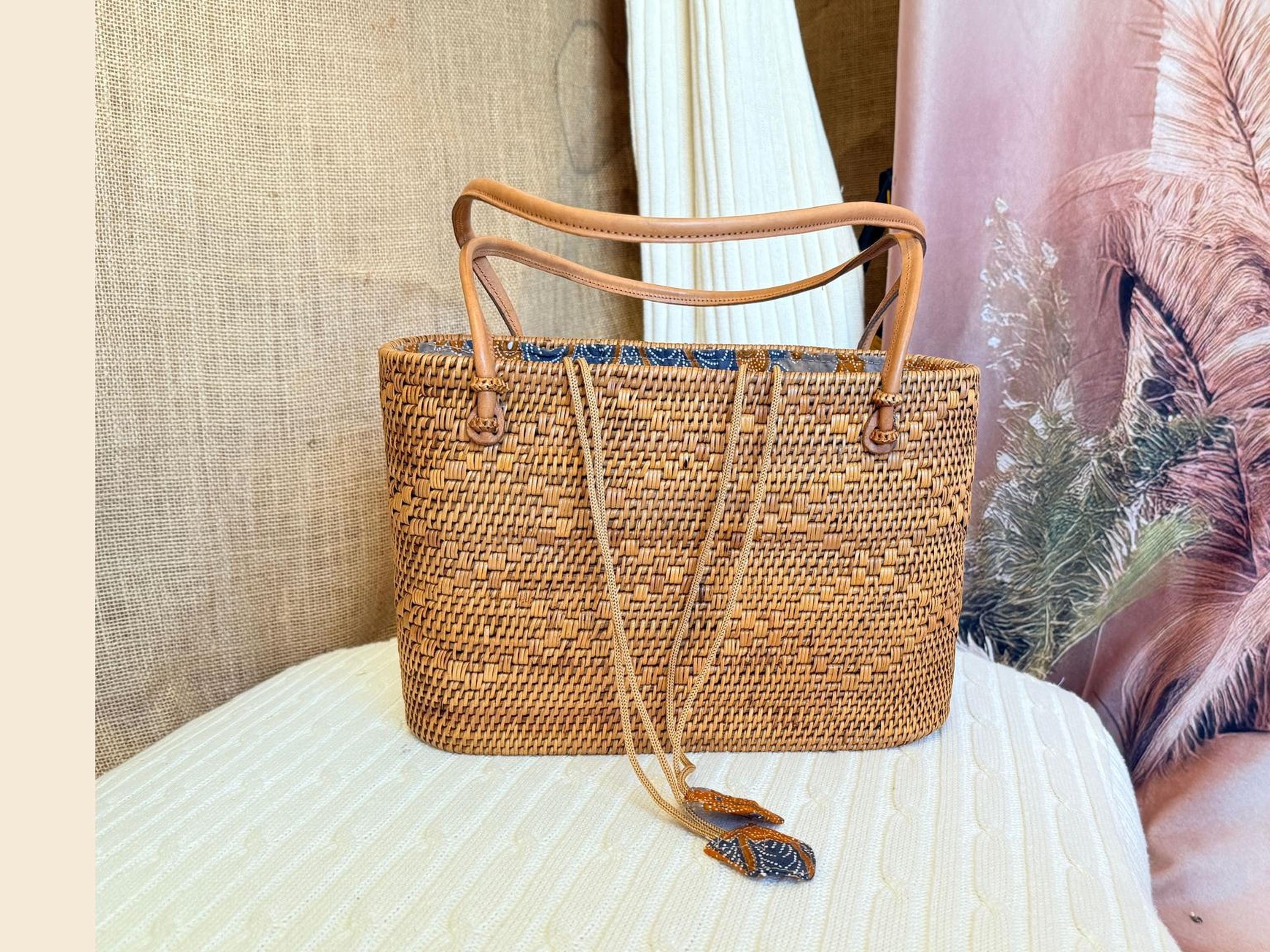 Bohemian Rattan Tote Bag, Handwoven Natural Bali Style (Leather Strap)