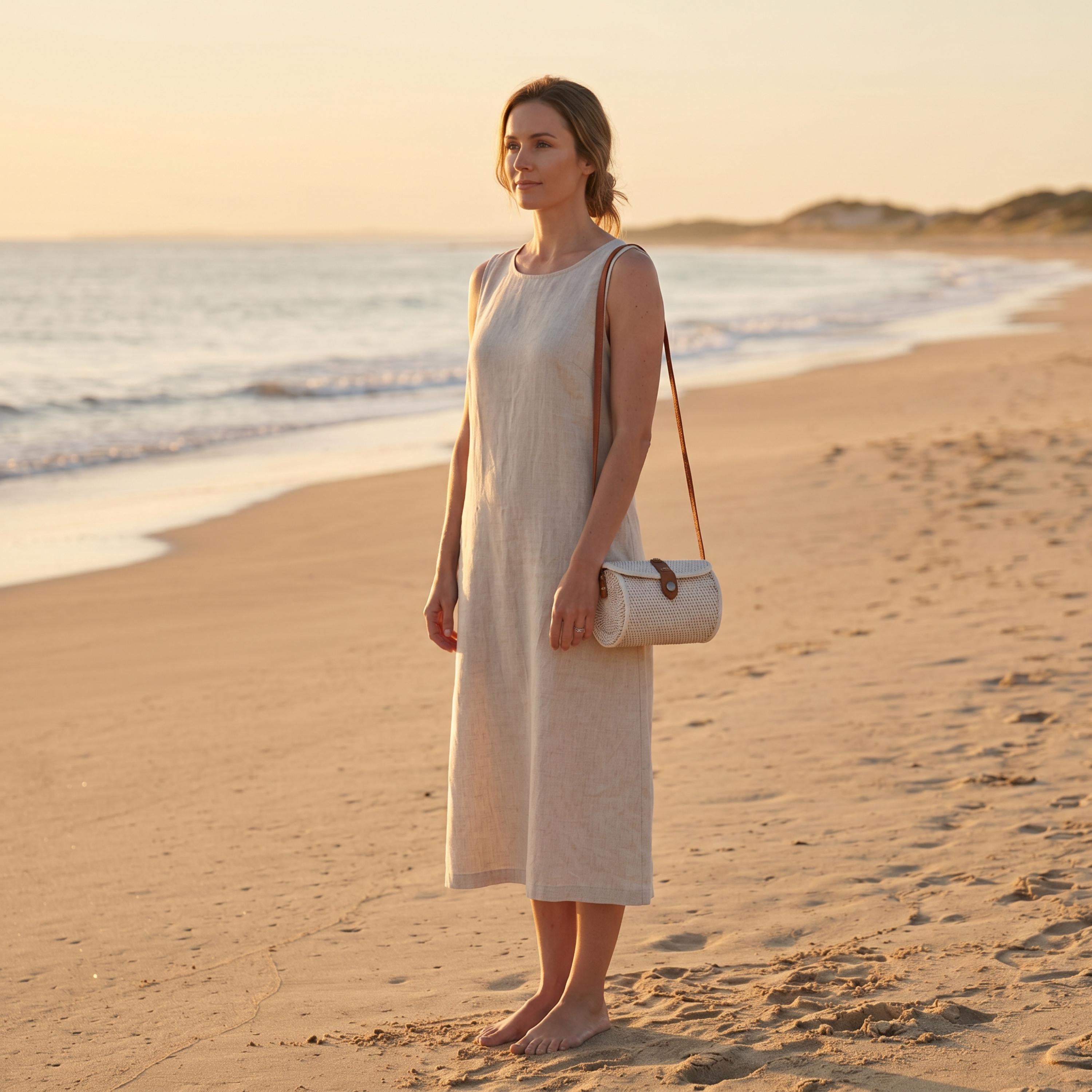 A woman in a white dress stands on a sandy beach, gazing out at the ocean at sunset.