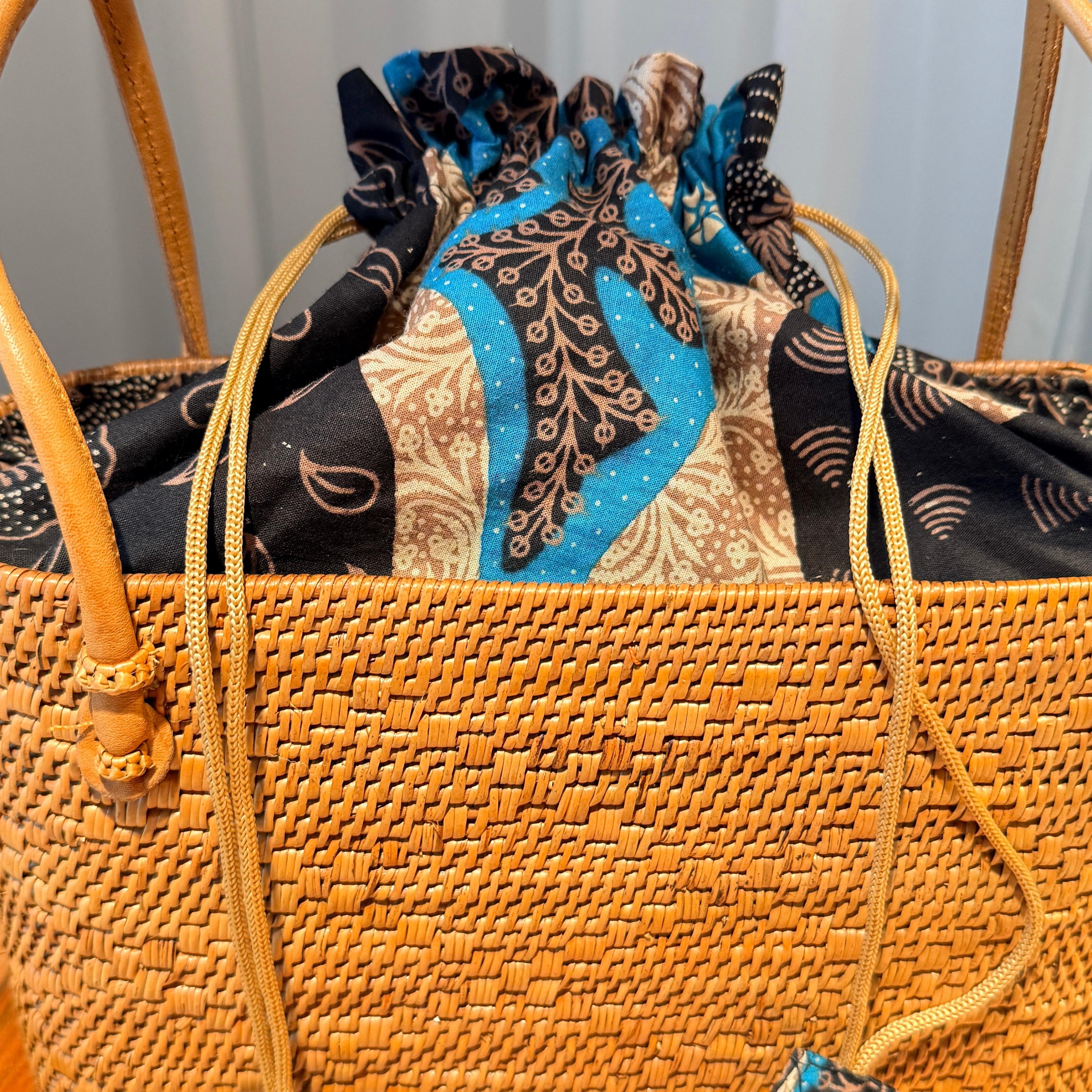 Bohemian Rattan Tote Bag, Handwoven Natural Bali Style (Leather Strap)
