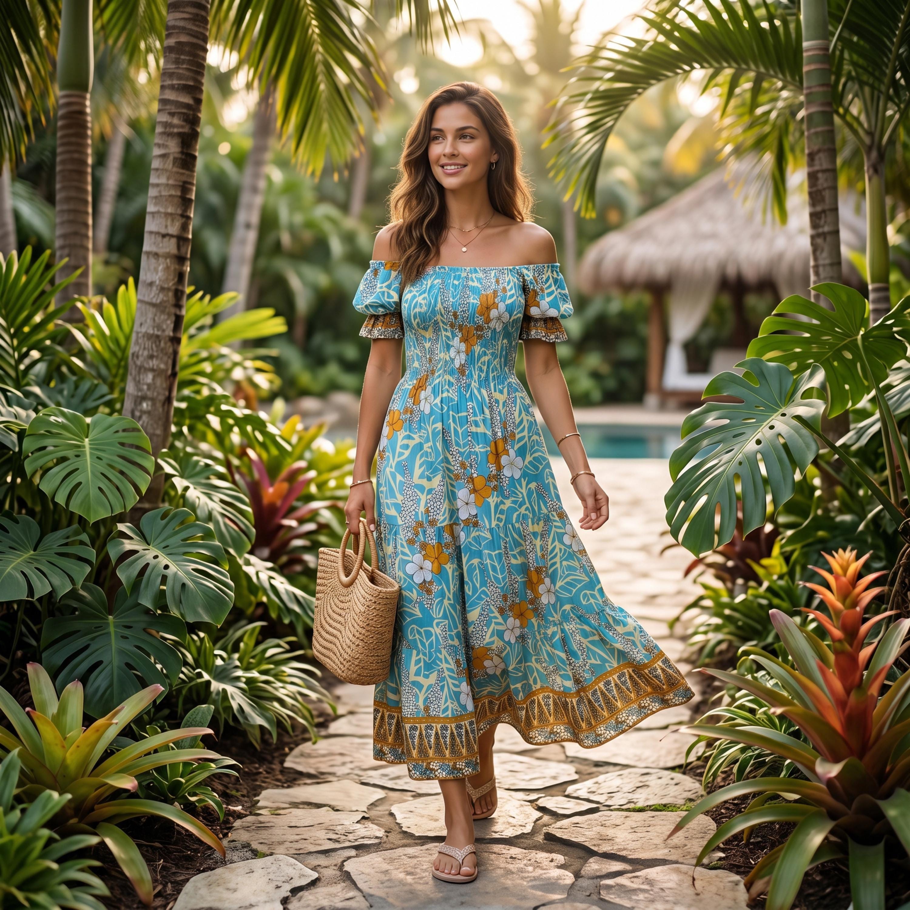 A woman in a blue and orange floral dress is walking on a stone path through a lush tropical garden, carrying a woven bag.