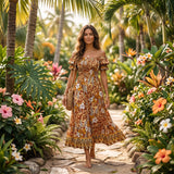 Smocked Floral Maxi Dress: Boho Style Cotton Sundress (One Size)