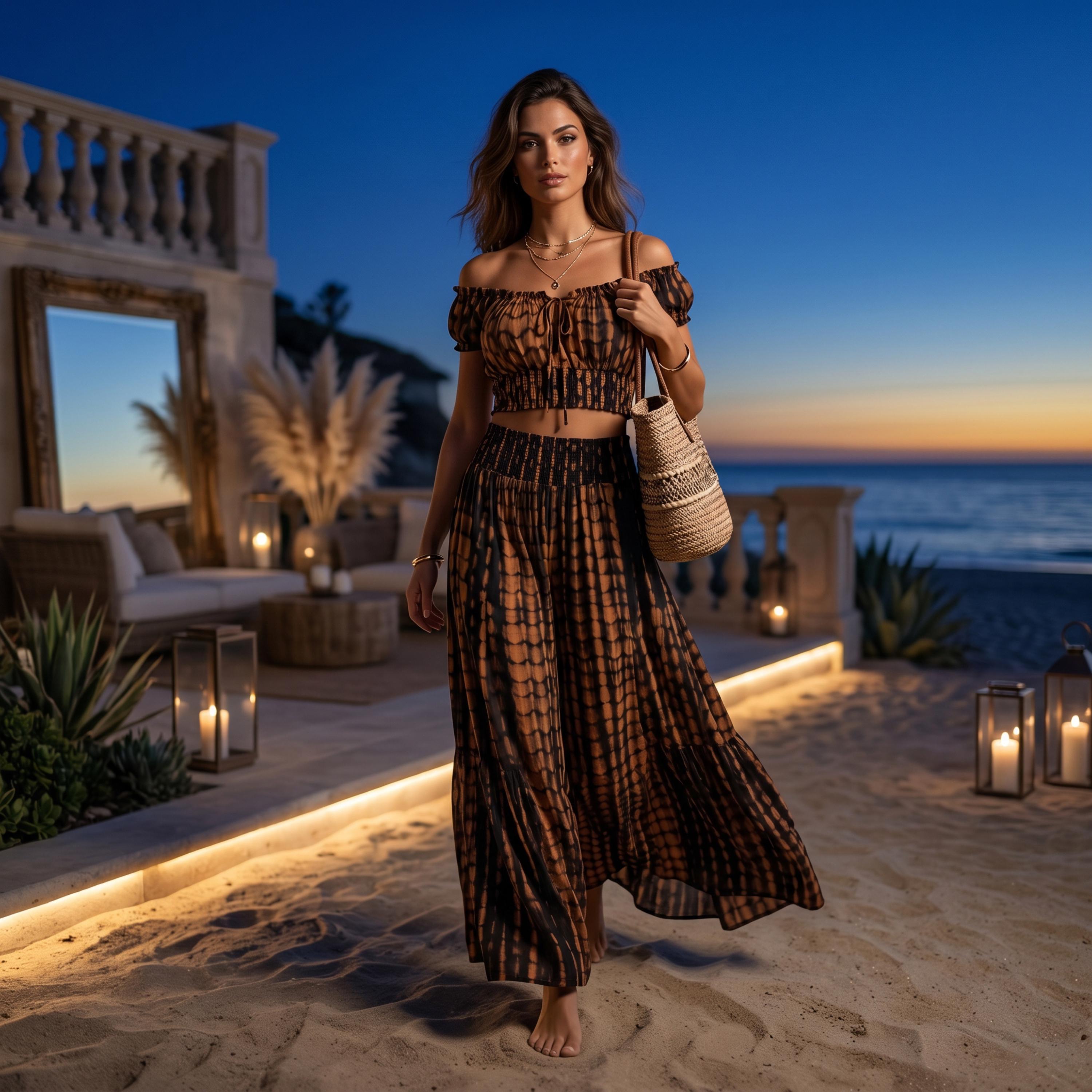 A woman in a brown and black patterned dress stands on a beach at night, holding a woven basket.