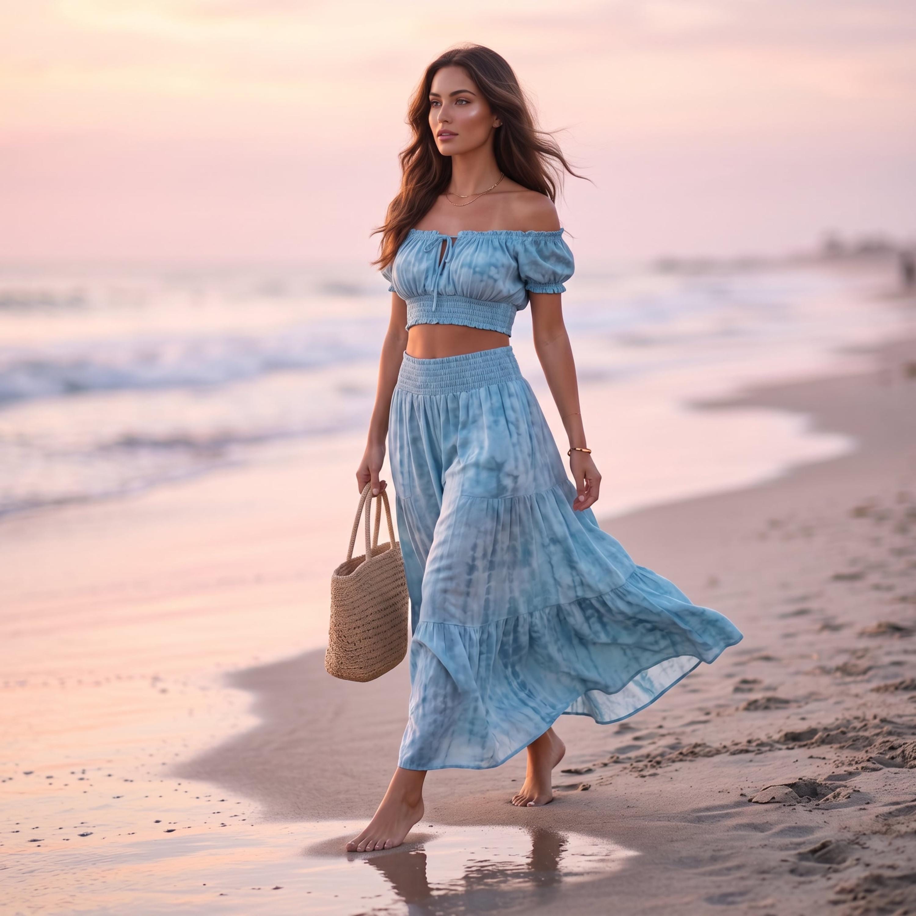 A woman in a blue tie-dye dress and skirt walks along a beach at sunset, carrying a woven straw bag.
