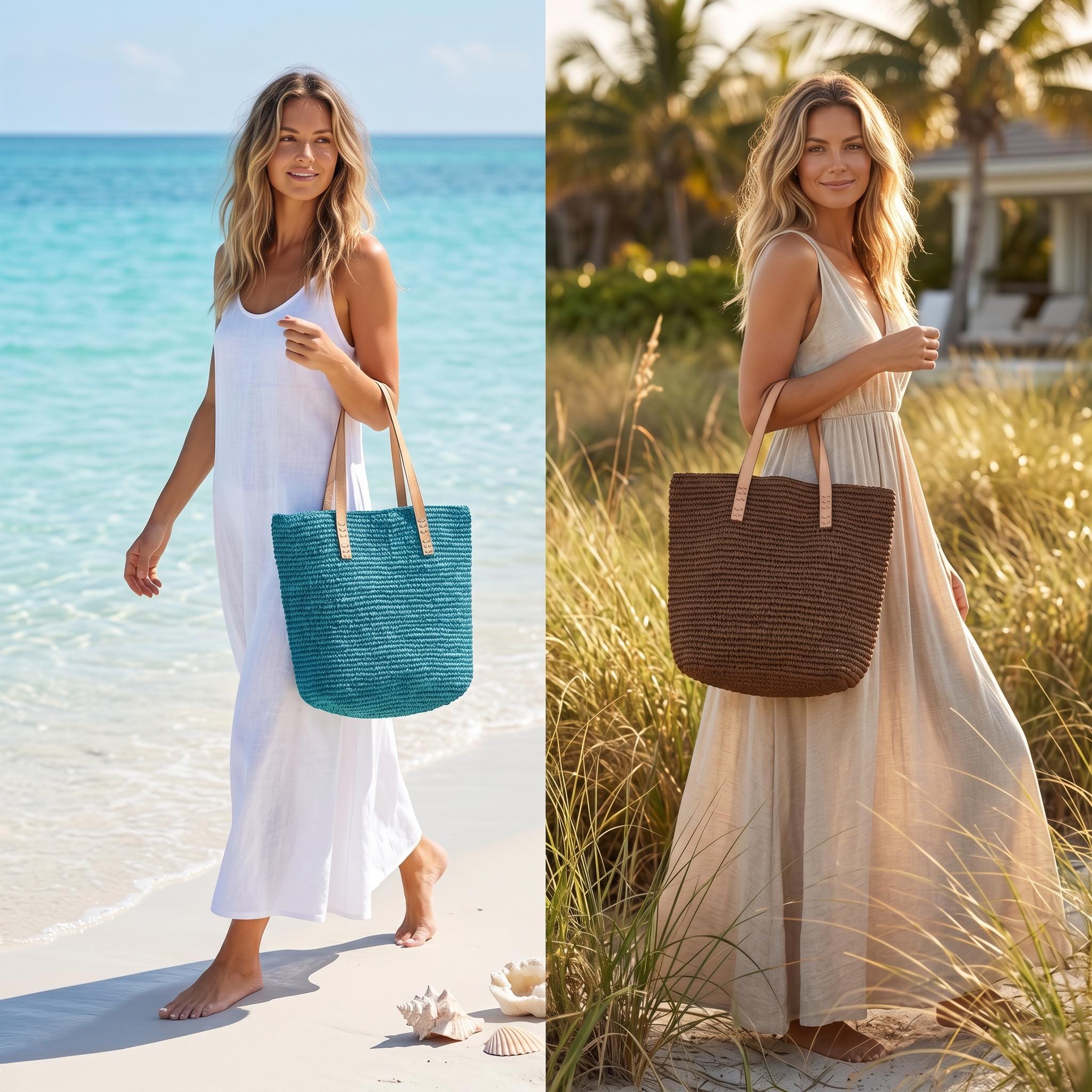 The image is a collage of two photos featuring a woman in a white dress and a straw bag walking on a beach.