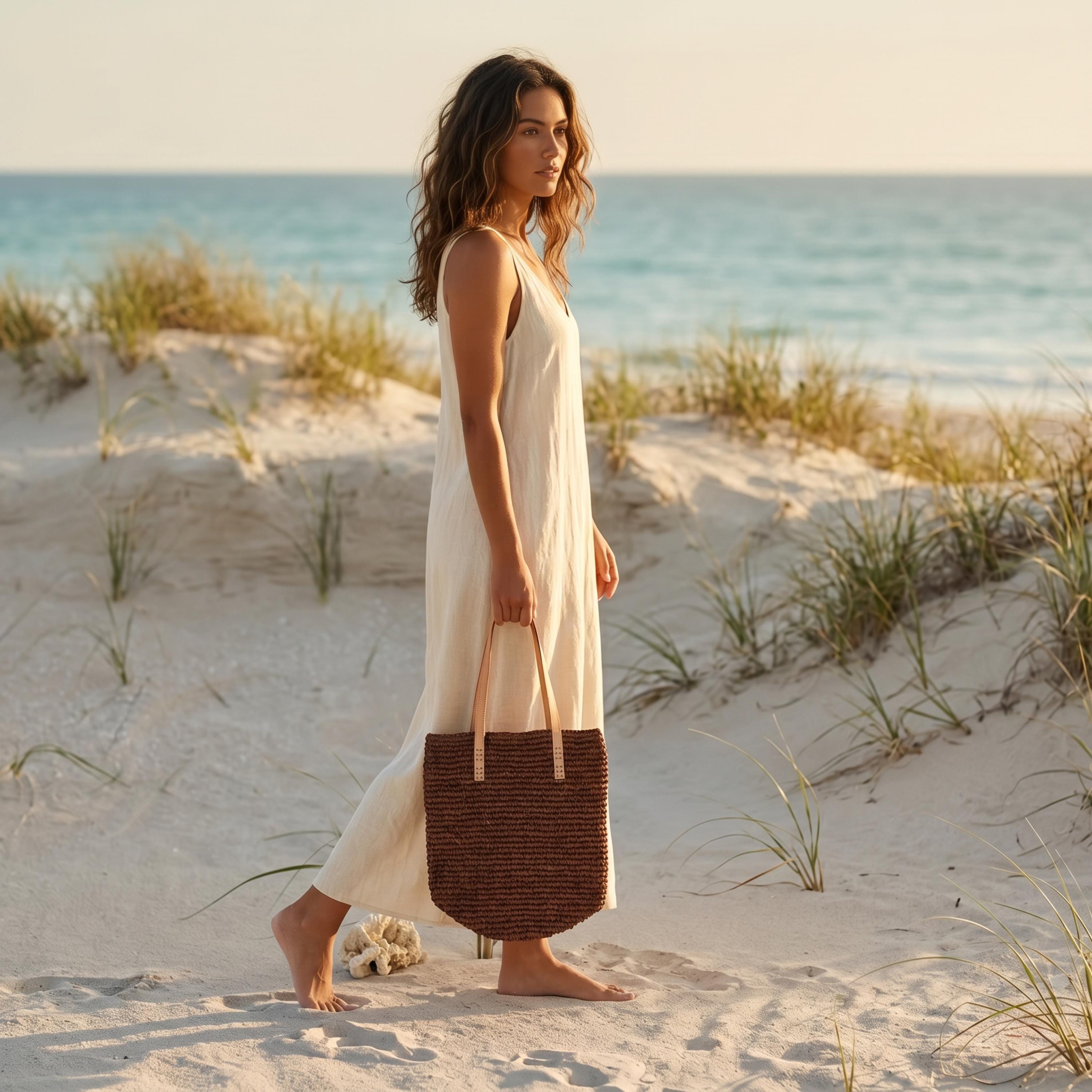 A woman in a white dress walks along a sandy beach, carrying a brown woven bag.