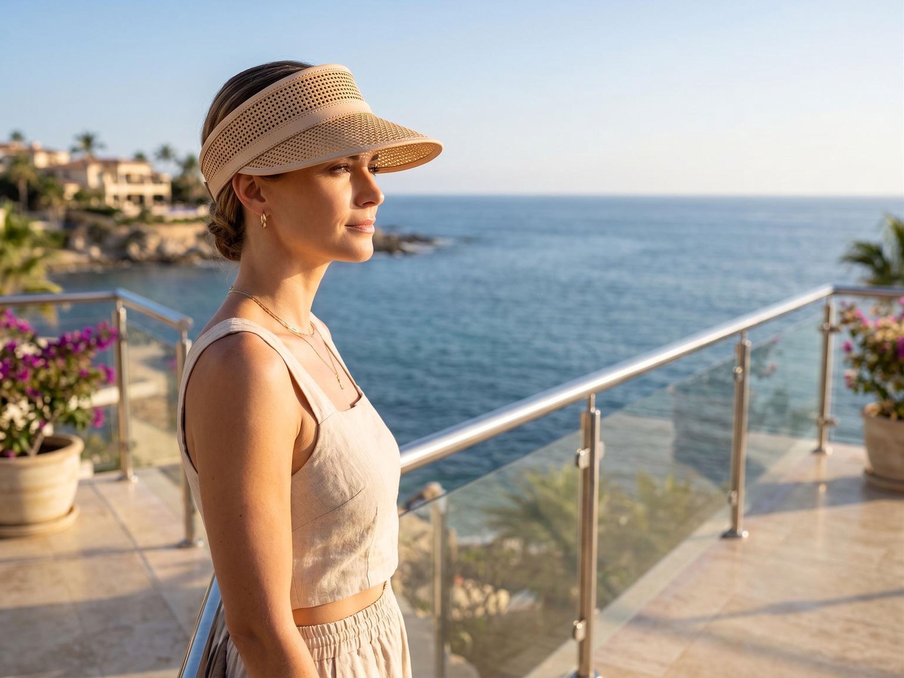 A woman in a white tank top and hat stands on a balcony overlooking the ocean, with a clear blue sky and palm trees in the background.