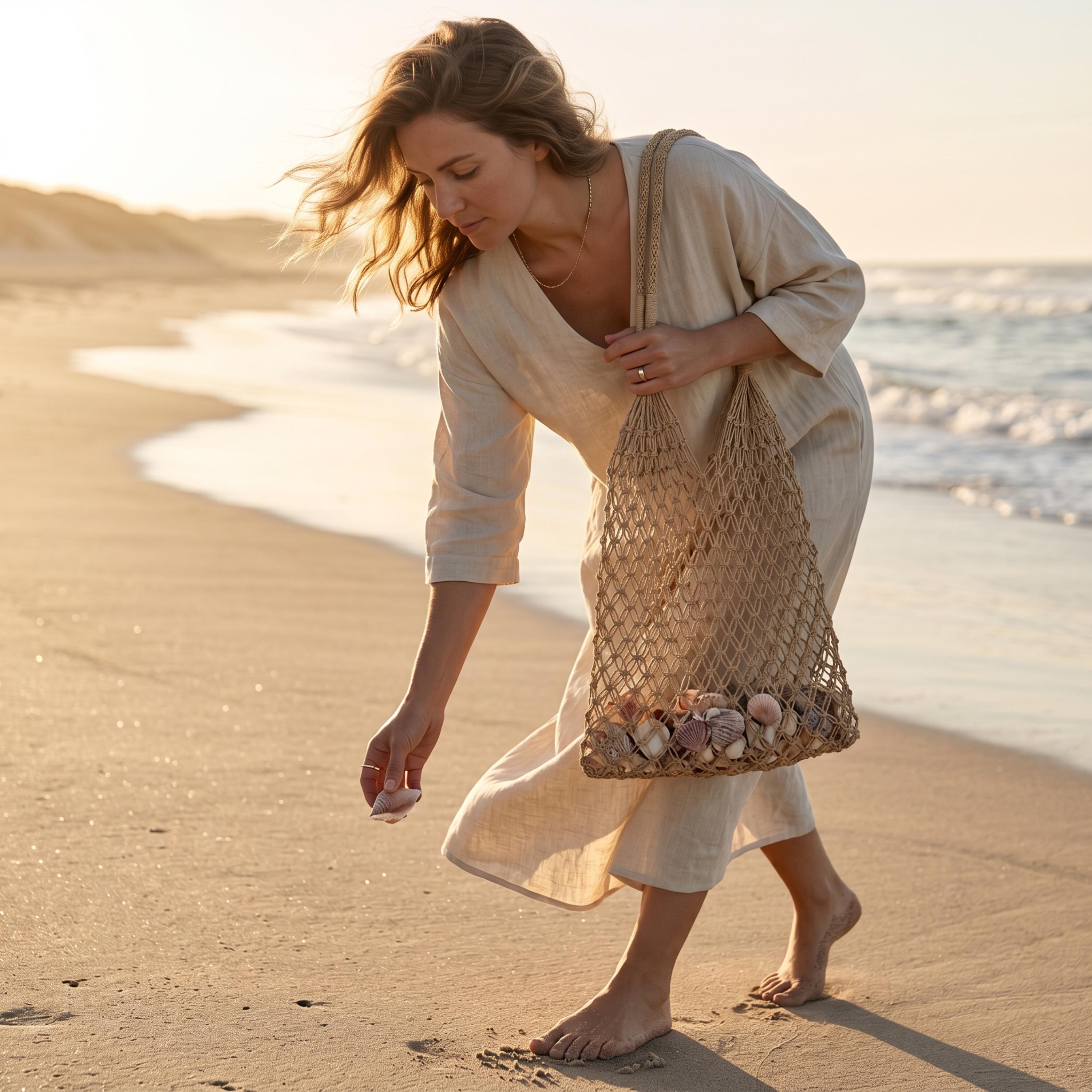 A woman in a beige dress walks along a sandy beach, carrying a woven bag filled with seashells.