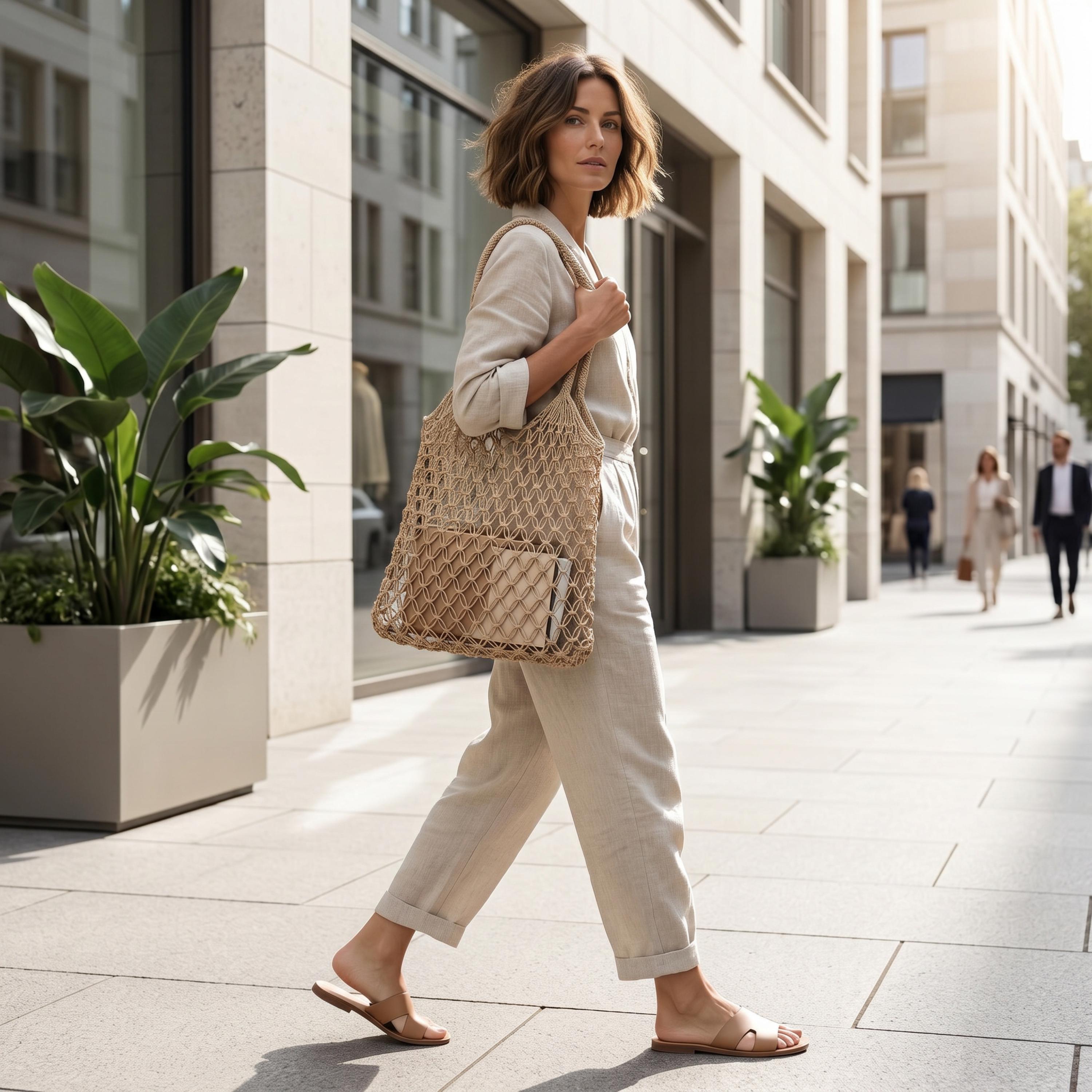 A woman in a beige jumpsuit and sandals walks down a city street carrying a woven bag, with tall buildings and potted plants in the background.