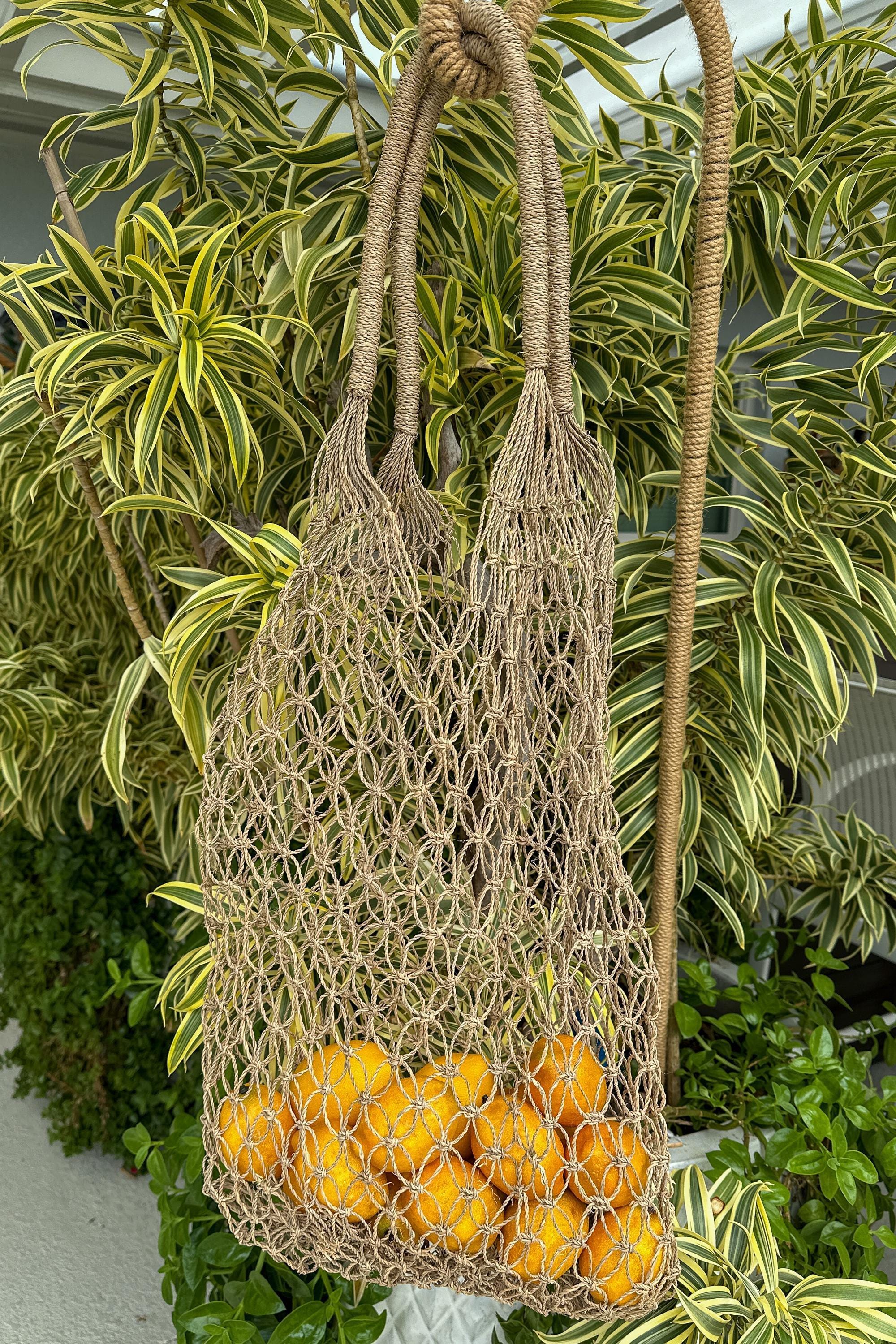 A woven mesh bag filled with bright yellow lemons is hanging from a rope, surrounded by lush green foliage.