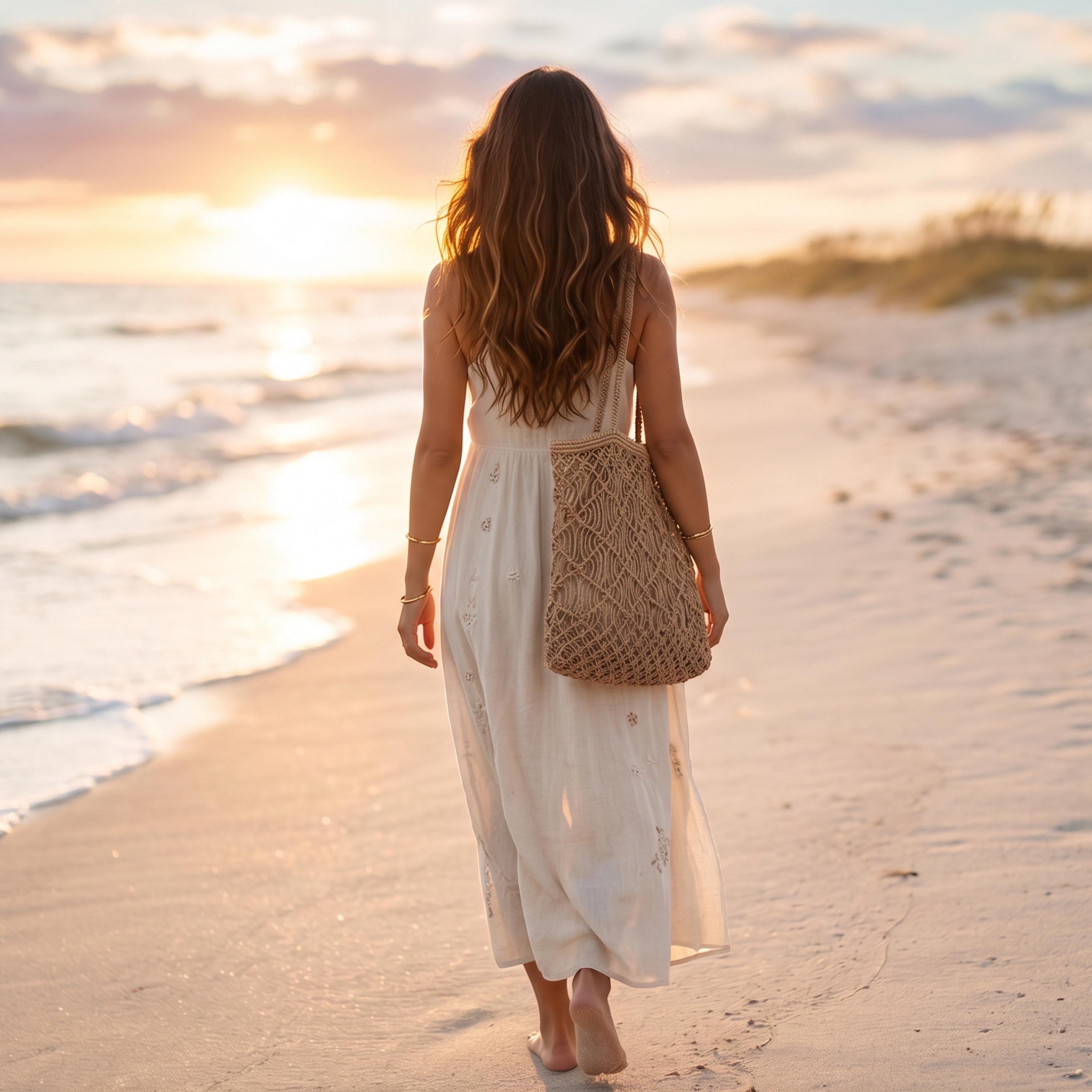 A woman in a white dress walks along a sandy beach, carrying a woven bag, with the sun setting in the background.