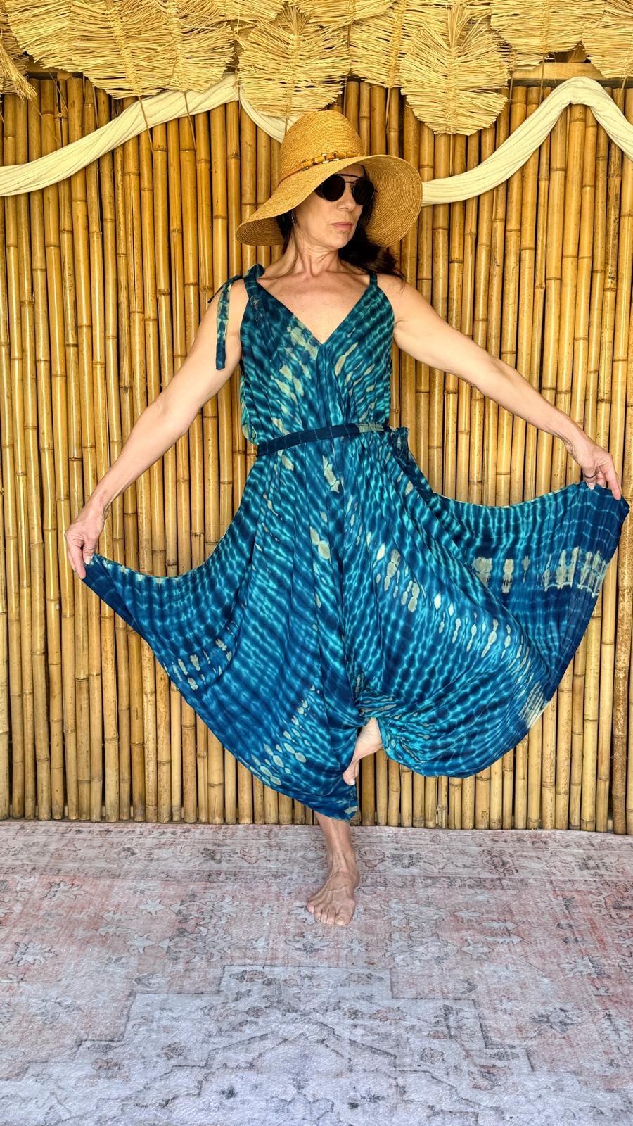 Boho Tie Dye Jumpsuit, Harem Style, Flowy Loose Fit Ocean Blues (One Size)