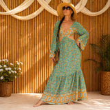 Boho Maxi Dress, Blue Floral Paisley, Long Sleeve (Lightweight Rayon)