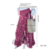 a mannequin wearing a pink floral print skirt, with a woven purse being held by the mannequin. The skirt is described as a wrap skirt, and the mannequin is shown with its hips measuring 26 inches. The image also includes measurements for the waist and total width of the skirt.