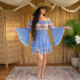 Boho Blue Floral Dress, Off-Shoulder, Bell Sleeves (Tiered Mini Length)