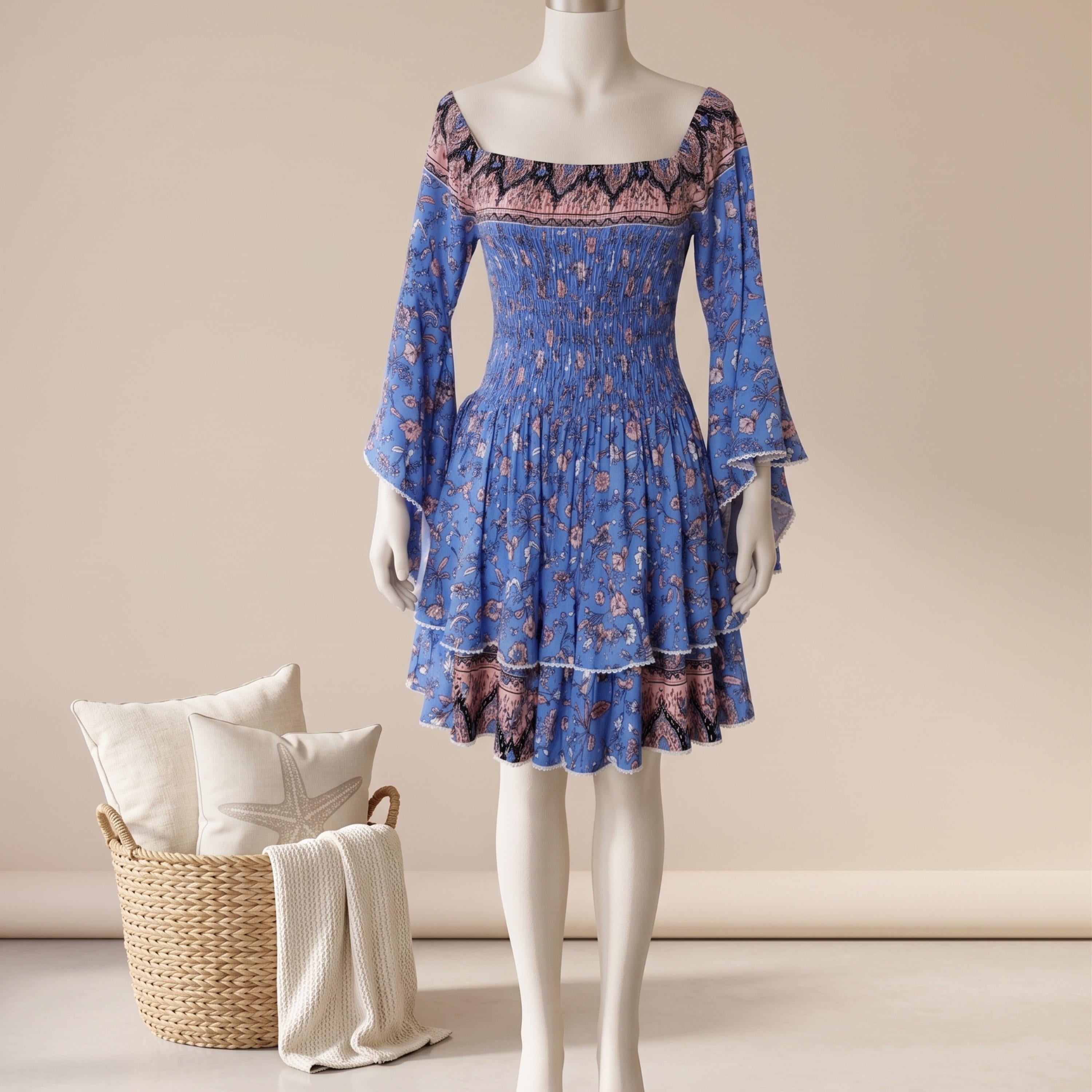 A mannequin wearing a blue floral print dress with bell sleeves and a ruffled skirt, standing next to a woven basket with pillows.