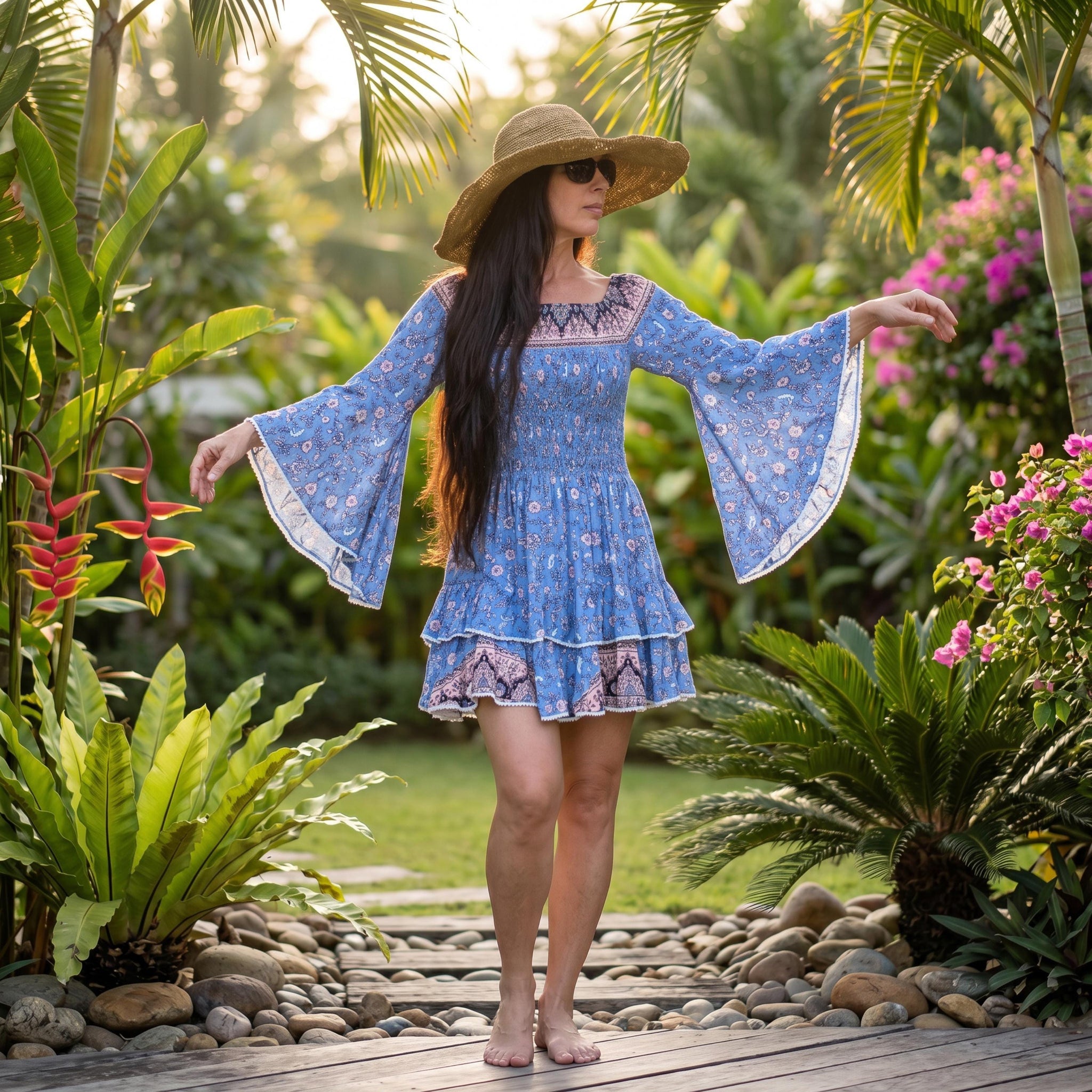 blue floral bell sleeve dress Floral Rayon Maxi Dress: Long Sleeve Boho Frill Evening Dress