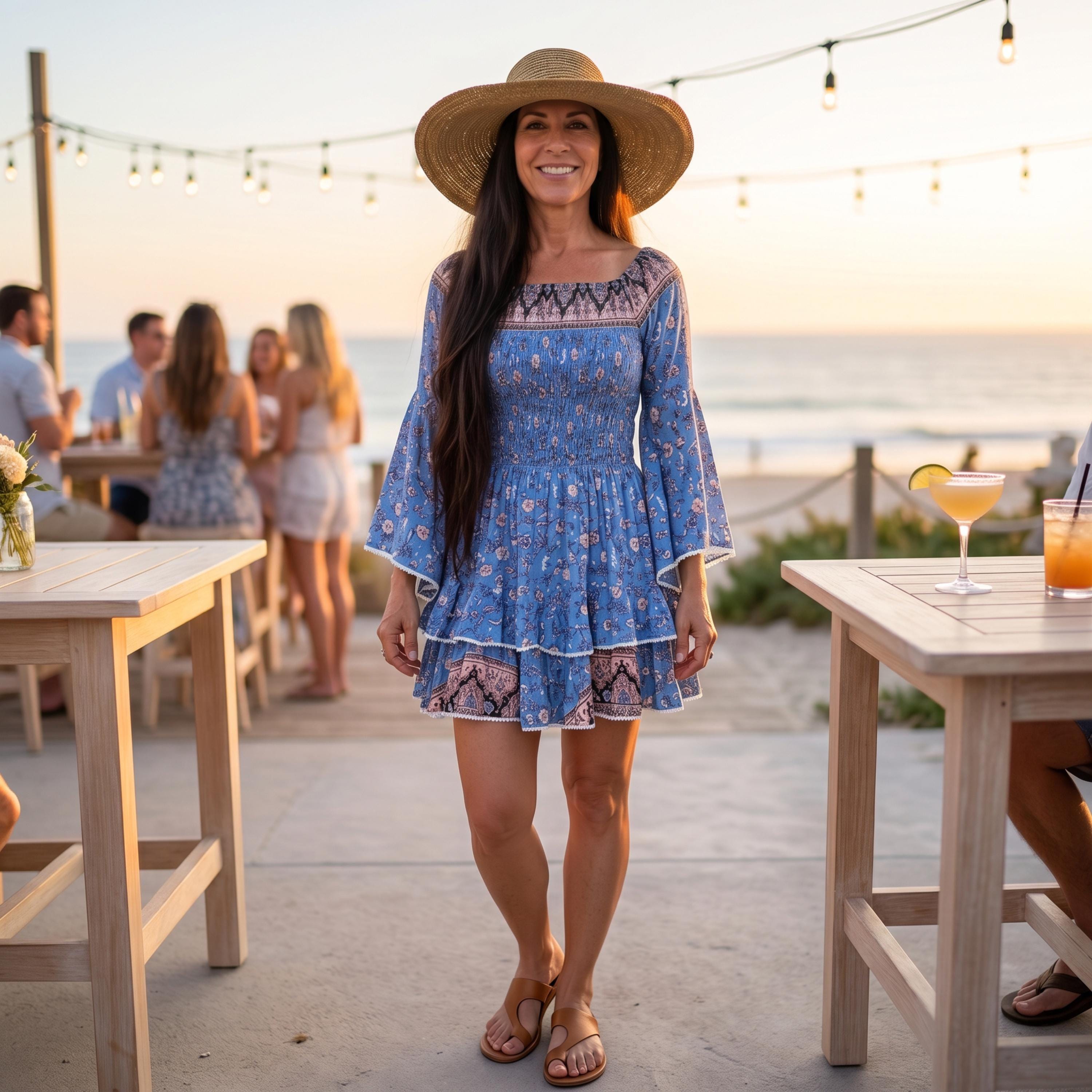 A woman in a blue floral dress and wide-brimmed hat stands on a patio, smiling at the camera, with a group of people seated at tables in the background.