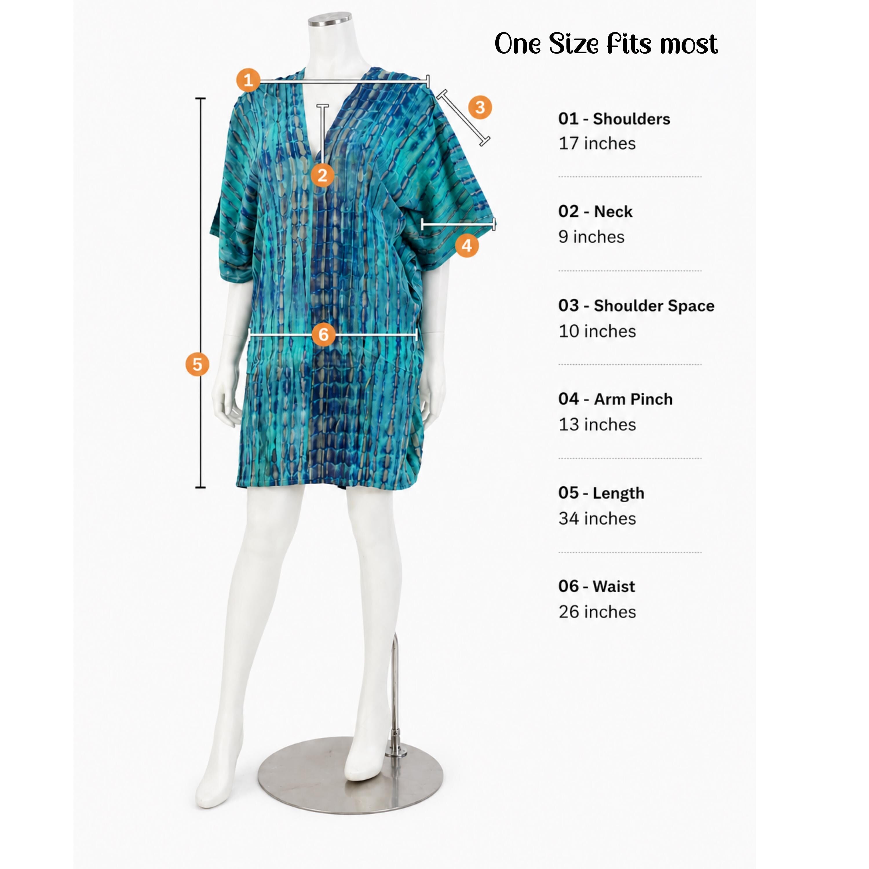a mannequin wearing a blue and green patterned dress, with measurements and descriptions of the dress's size and dimensions.
