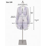 a mannequin wearing a purple and white patterned dress, with measurements and details provided.
