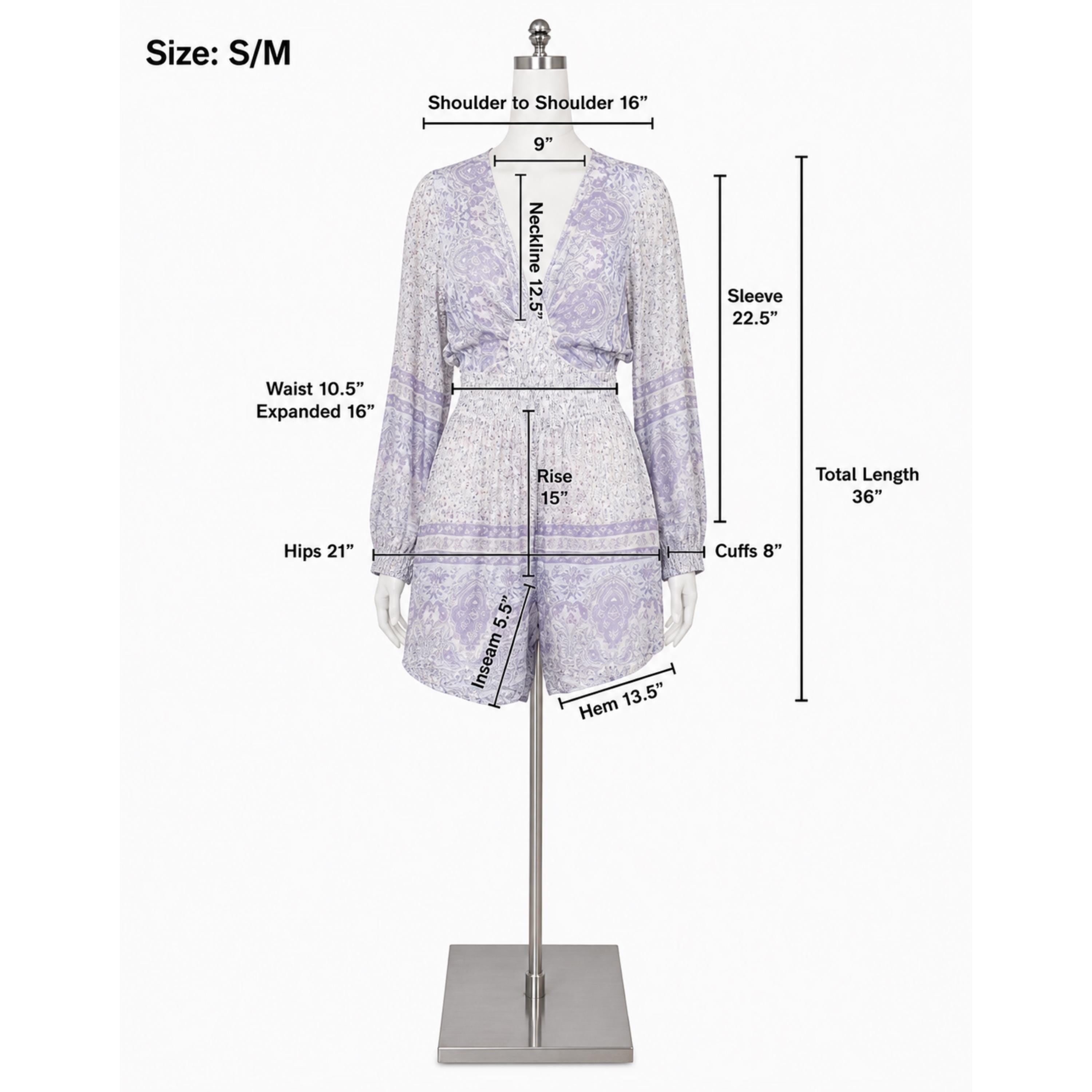 a mannequin wearing a purple and white patterned dress, with measurements and details provided.