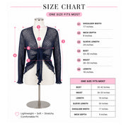 The image is a size chart for a navy blue wrap-style jacket. It provides measurements for various parts of the jacket, such as shoulder width, neck depth, sleeve length, bust, waist, and length. The chart indicates that the jacket is designed to fit one size, which is the one size fits most.