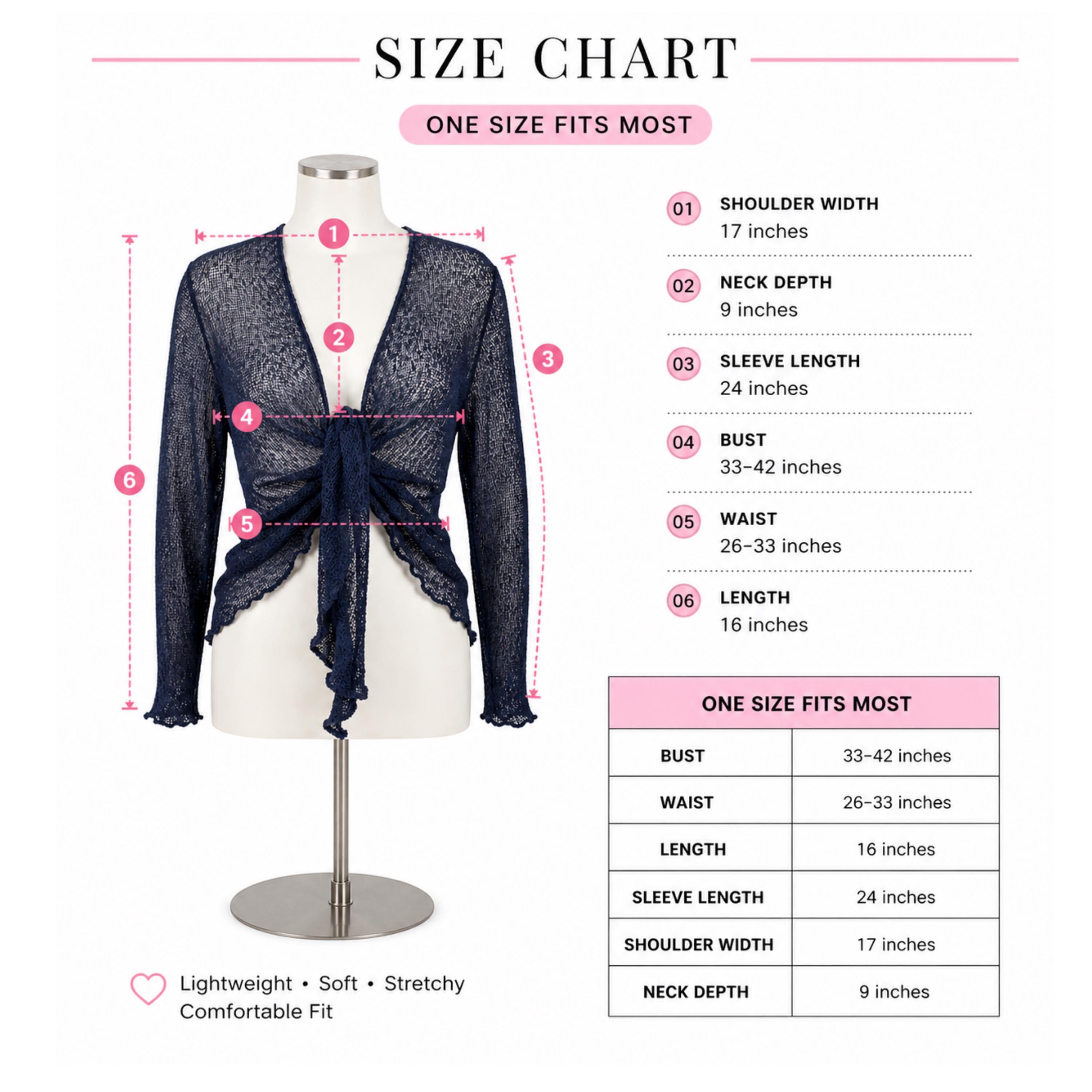 The image is a size chart for a navy blue wrap-style jacket. It provides measurements for various parts of the jacket, such as shoulder width, neck depth, sleeve length, bust, waist, and length. The chart indicates that the jacket is designed to fit one size, which is the one size fits most.
