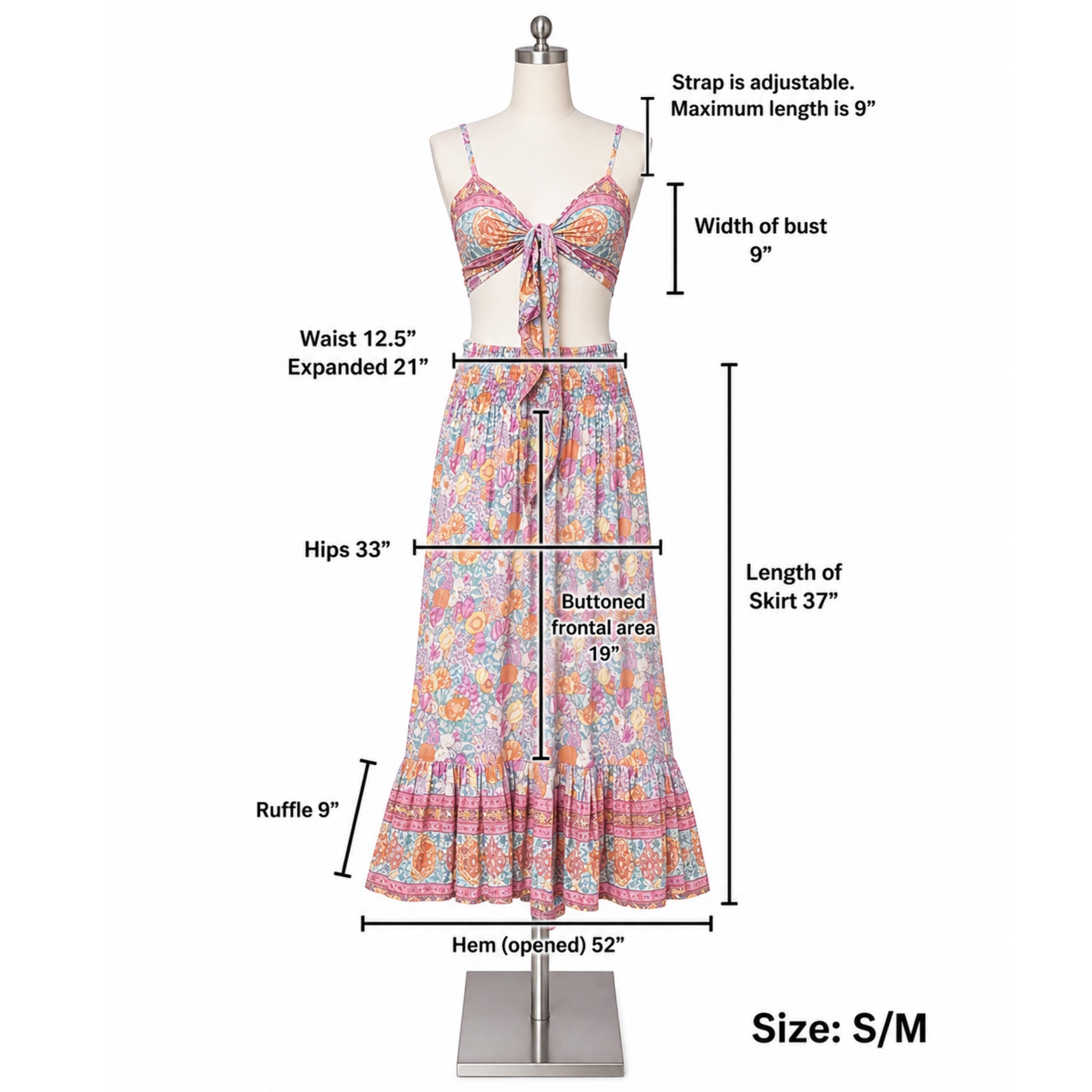 a mannequin wearing a colorful floral print dress and a matching bra top. The dress has a waist of 12.5 inches, an expanded waist of 21 inches, a hips measurement of 33 inches, a buttoned front area of 19 inches, a ruffle of 9 inches, and a hem of 52 inches. The dress is described as having a maximum length of 9 inches.
