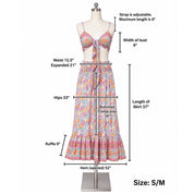 a mannequin wearing a colorful floral print dress and a matching bra top. The dress has a waist of 12.5 inches, an expanded waist of 21 inches, a hips measurement of 33 inches, a buttoned front area of 19 inches, a ruffle of 9 inches, and a hem of 52 inches. The dress is described as having a maximum length of 9 inches.