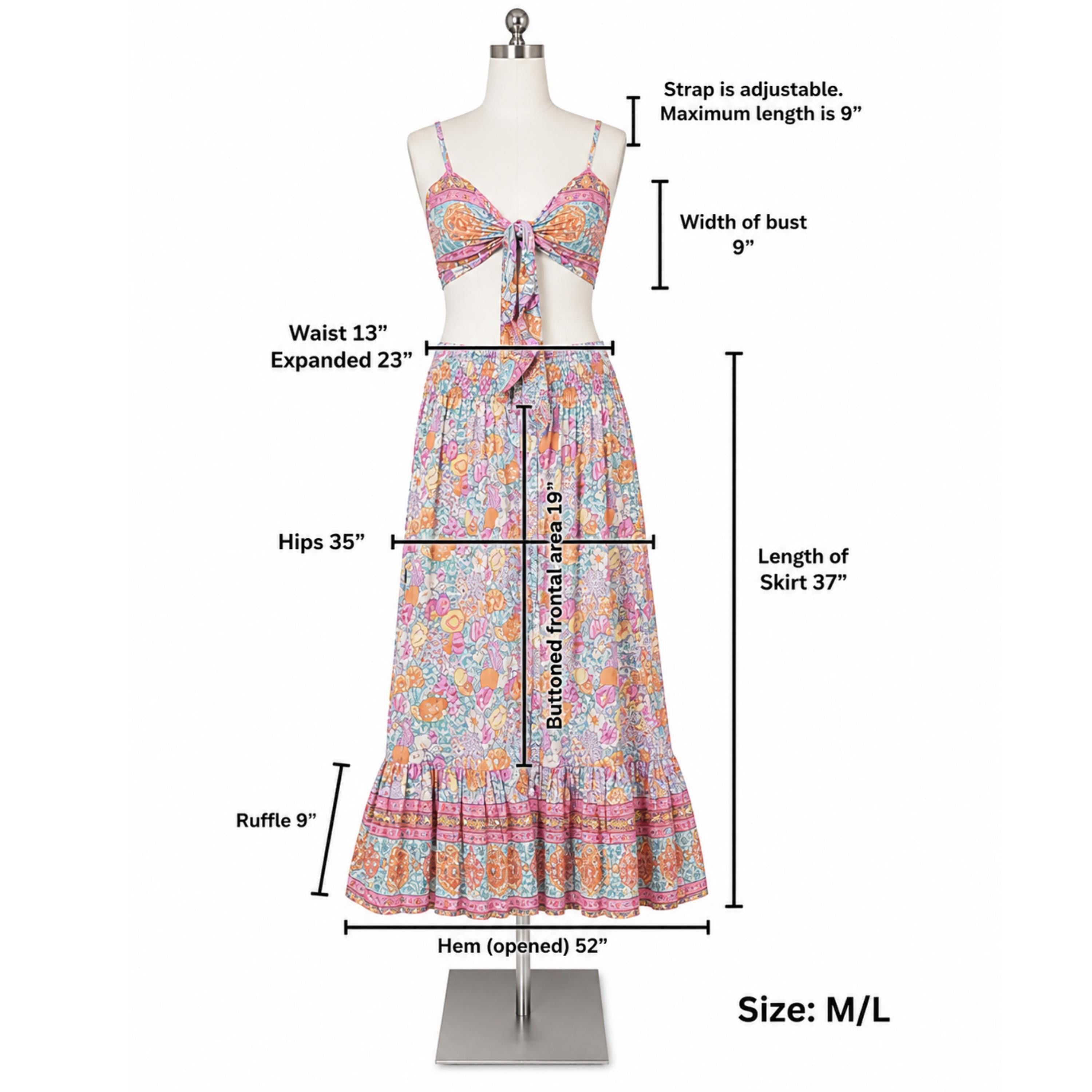a mannequin wearing a colorful floral print dress and a matching bra top. The dress has a ruffled skirt and a tie waist, and the bra top has a tie detail. The dress appears to be a two-piece outfit, with the skirt and the bra top combined. The image provides measurements for the dress, including waist, hips, bust, length of the skirt, and hem.