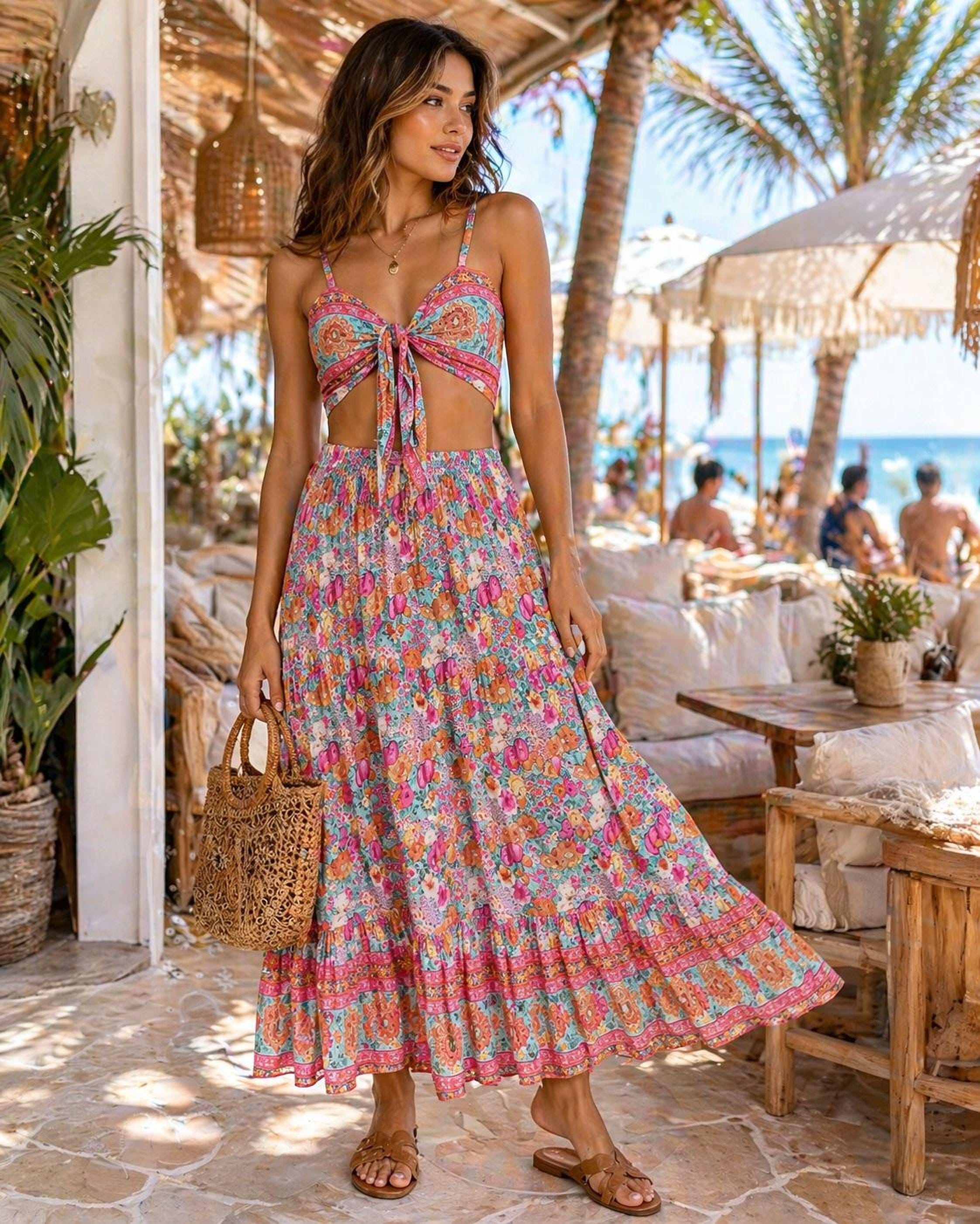 A woman wearing a colorful floral print dress and carrying a woven purse stands in a tropical setting with palm trees and umbrellas in the background.