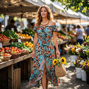 A woman in a colorful floral dress is walking through a bustling farmer's market, carrying a woven basket with sunflowers.