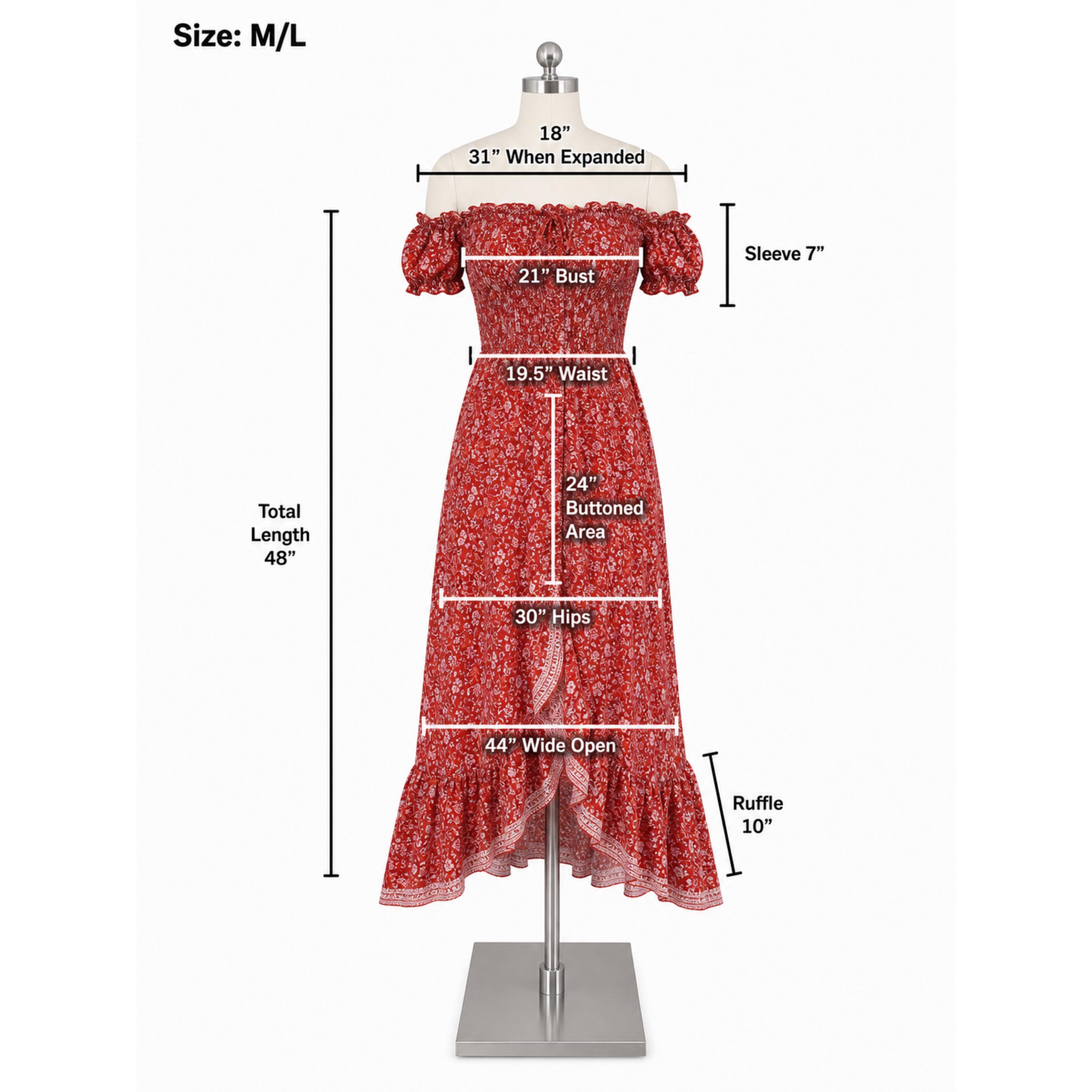 a red floral dress with measurements and details provided.