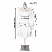 a white dress with measurements and a mannequin head. The dress appears to be a ruffled, off-the-shoulder style with a total length of 33 inches. The dress is shown in various sizes, including a 16-inch, 24-inch, and 20-inch version, as well as a 13-inch, 14-inch, and 23-inch version. The dress is displayed on a mannequin head, which is positioned at the top of the image.